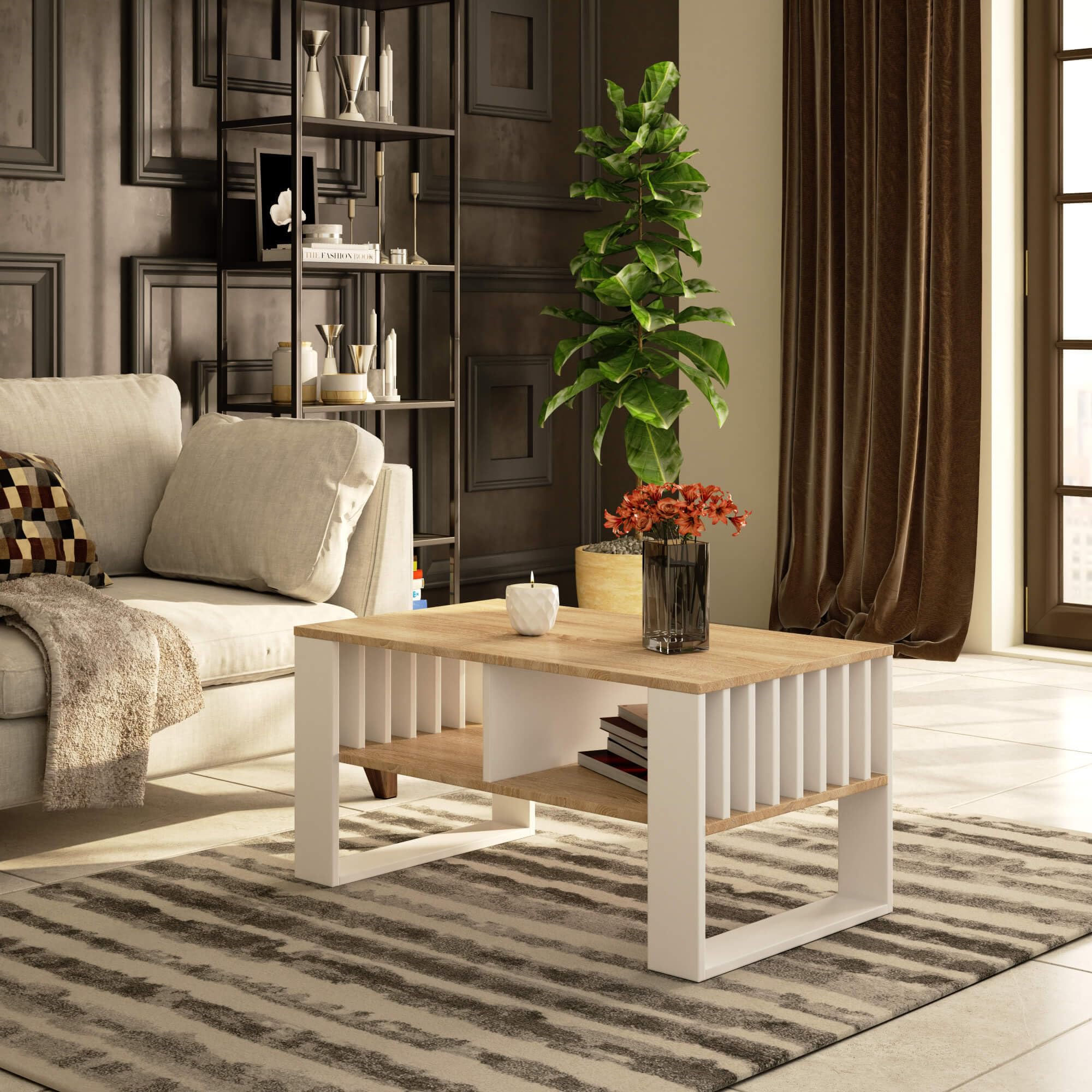 AKORD Mesa de Centro Rockford Roble Sonoma 92 cm con Estructura de Patas Blancas A92xL45xF53 cm