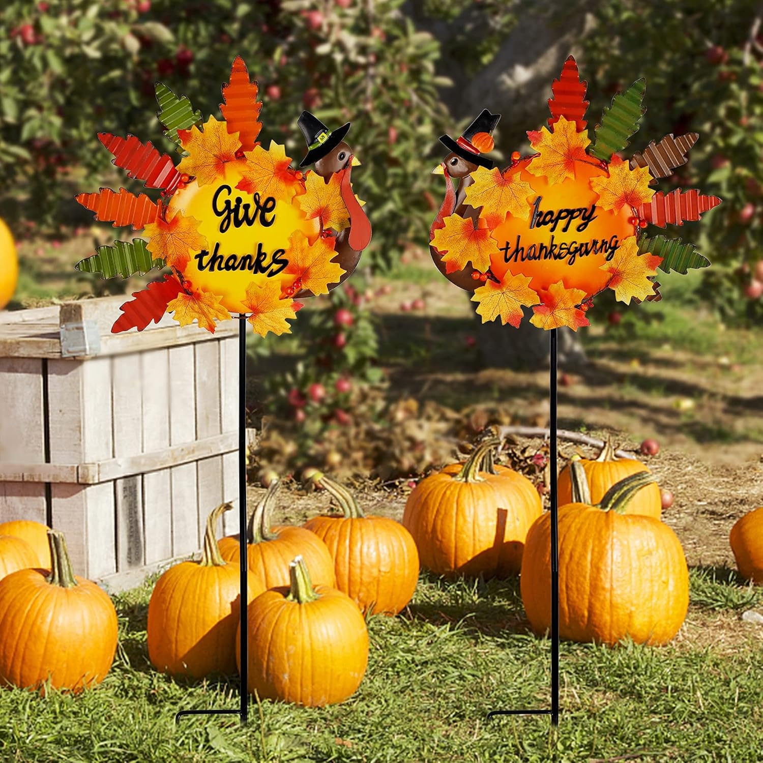 Juegoal Set of 2 Turkey Garden Stakes Thanksgiving Decor, 36 Inch Metal Fall Turkeys Yard Stakes, Give Thanks & Happy Thanksgiving Yard Signs Ornaments for Outdoor Lawn Pathway Patio