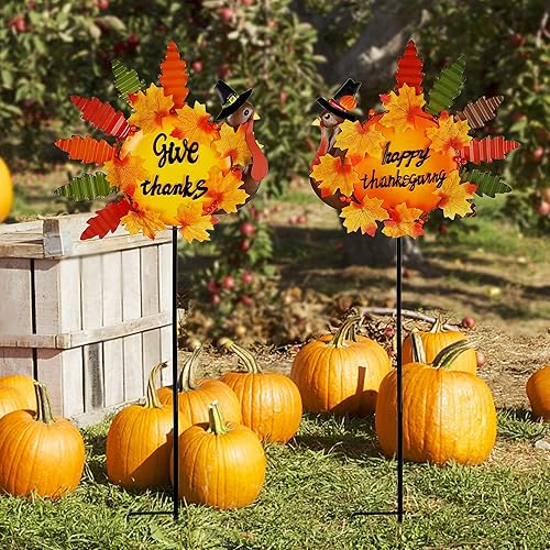 Miniatura 7 de Juegoal Juego de 2 estacas de jardín de pavos para decoración de Acción de Gracias, estacas de metal de 36 pulgadas para patio con diseño de pavos