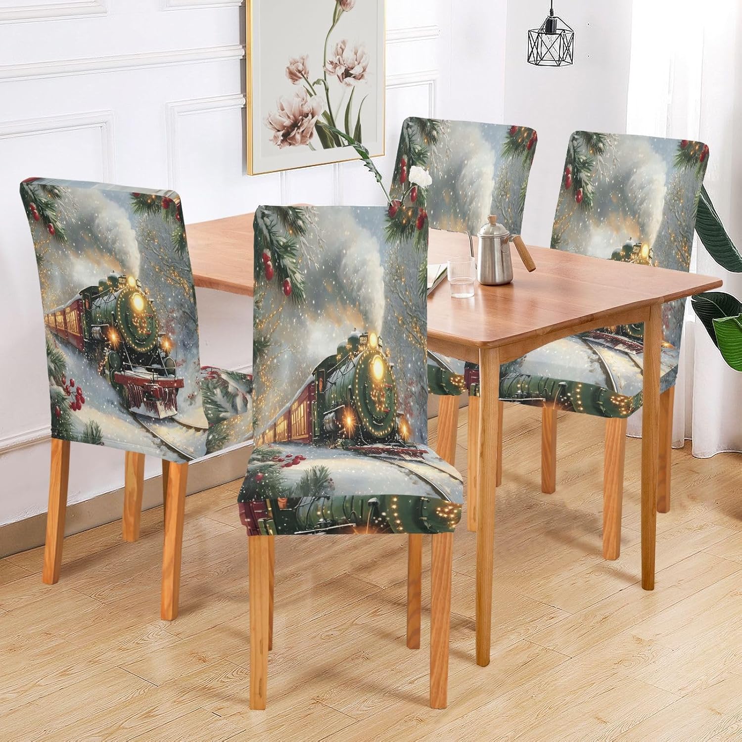 ALAZA Chair Covers for Dining Room, Christmas Train Stretch Chair Cover Sets Chair Protector Removable Washable for Ktichen Restaurant Hotel