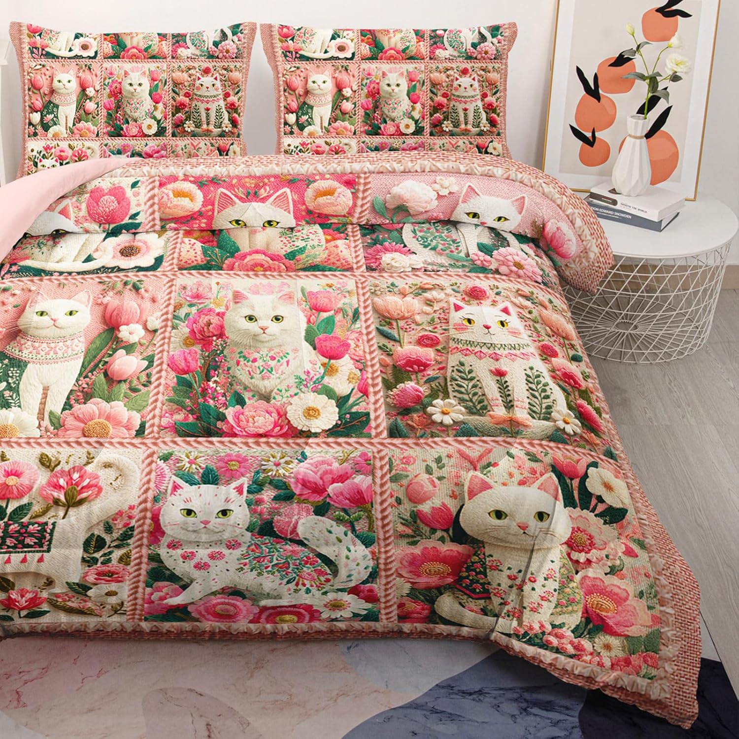 AILONEN Pink Cat Comforter for Girls - Floral Cat Kitten Bedding Set Queen Size with 2 Pillowcases - 3Pcs Flower Bedding for Room Decor All Season