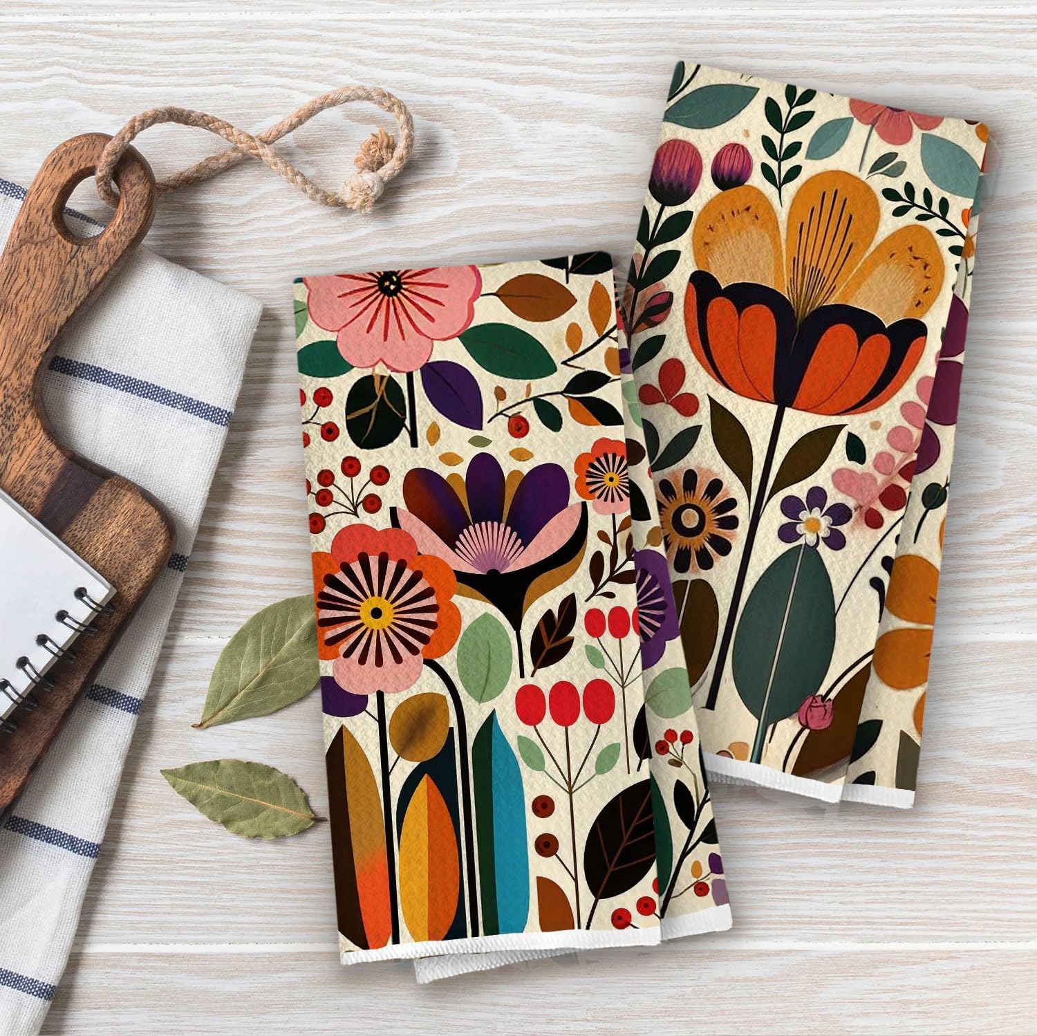 Boho Floral Kitchen Towels Set - Abstract Botanicals Decorative Waffle Dish Towels, Boho Floral Hand Towel, 70s Retro Groovy Tea Towel, 16×24 Inches Set of 2