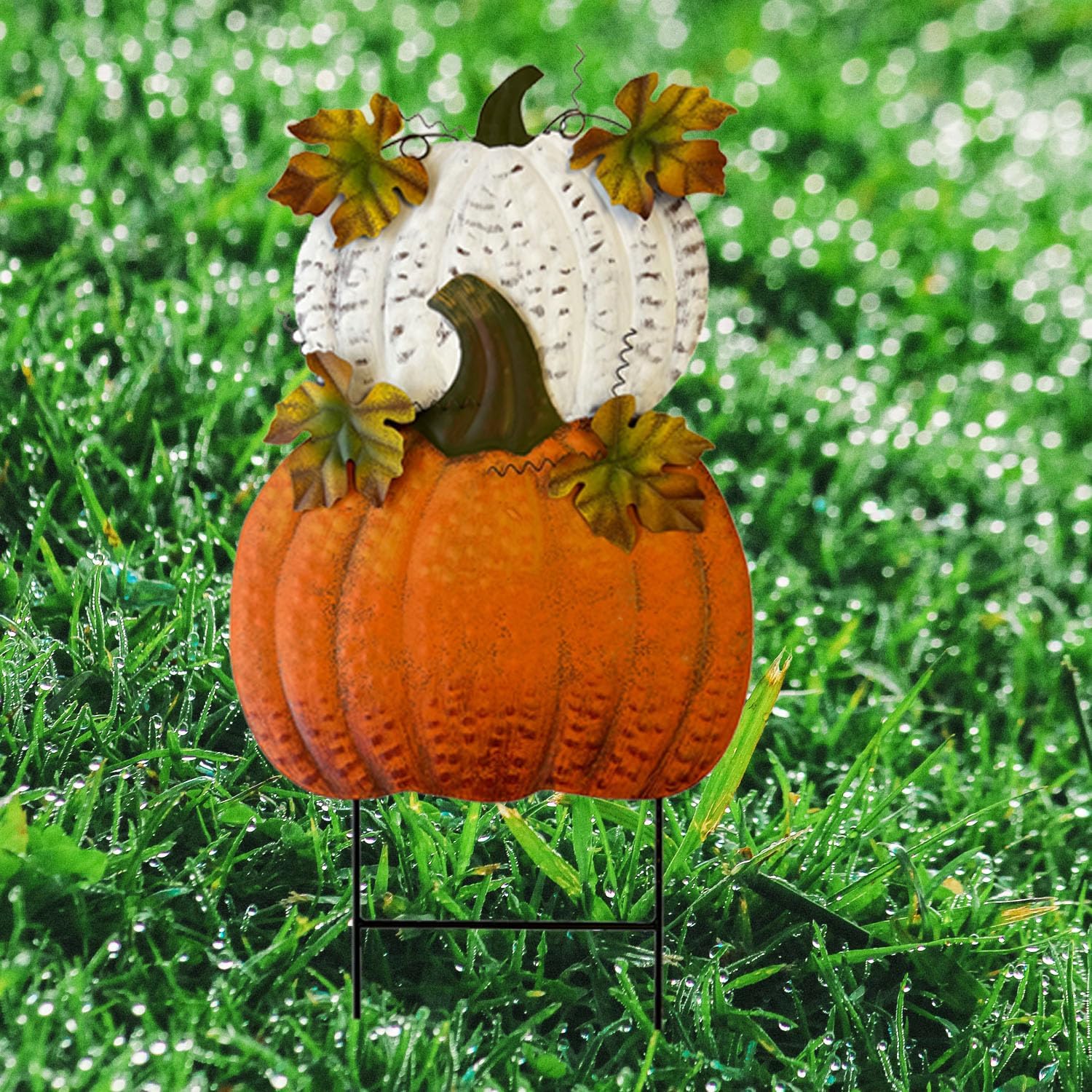 T&Garice Metal Stacked Pumpkins Harvest Garden Stakes Fall Thanksgiving Yard Decor,Autumn Fall Yard Welcome Signs for Patio Pathway Outdoor Decorations