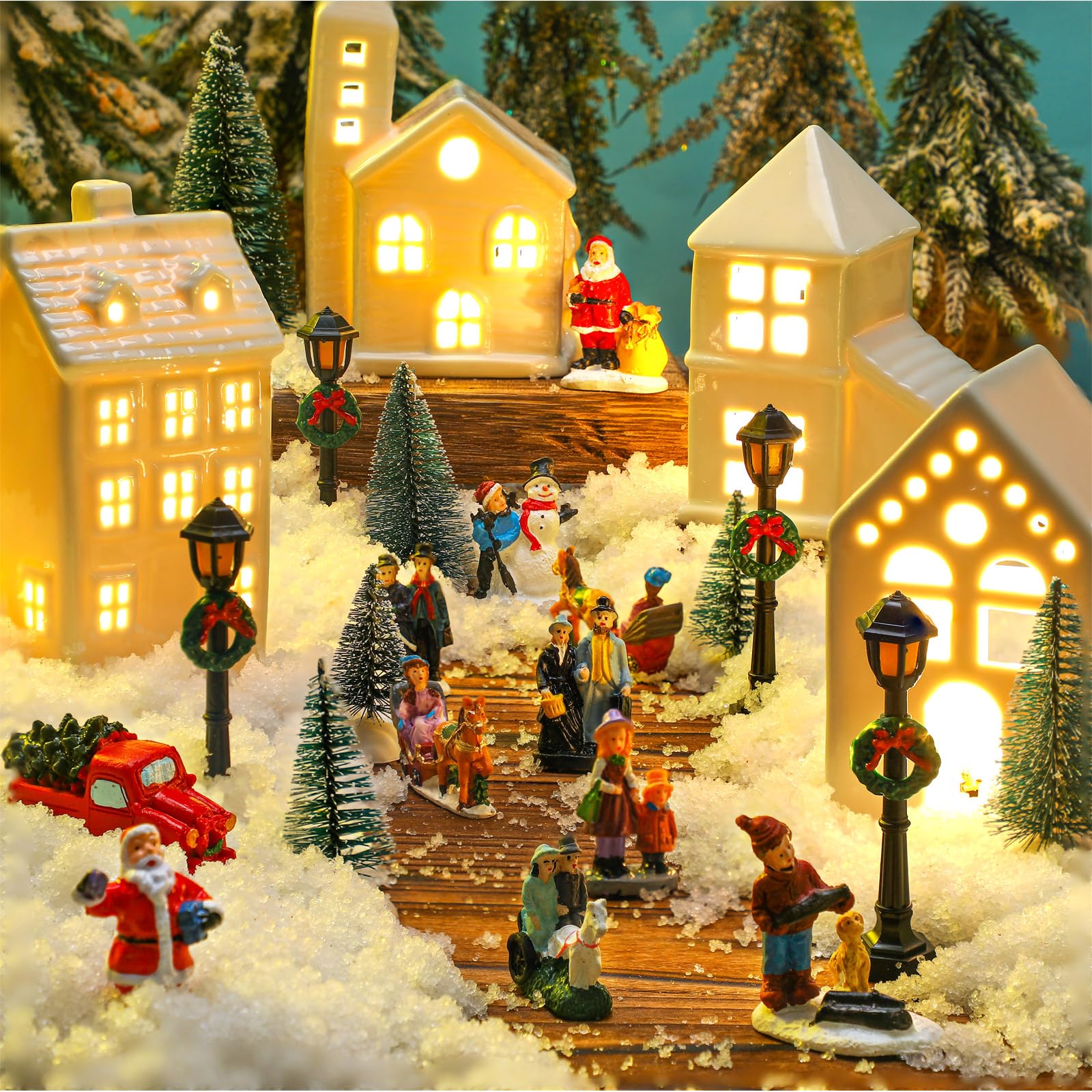 Soaoo Set da 25 pezzi di villaggio natalizio illuminato a LED, case di villaggio di Natale, mini figurine natalizie in miniatura per la collezione da tavolo mensola mensola accessori per interni