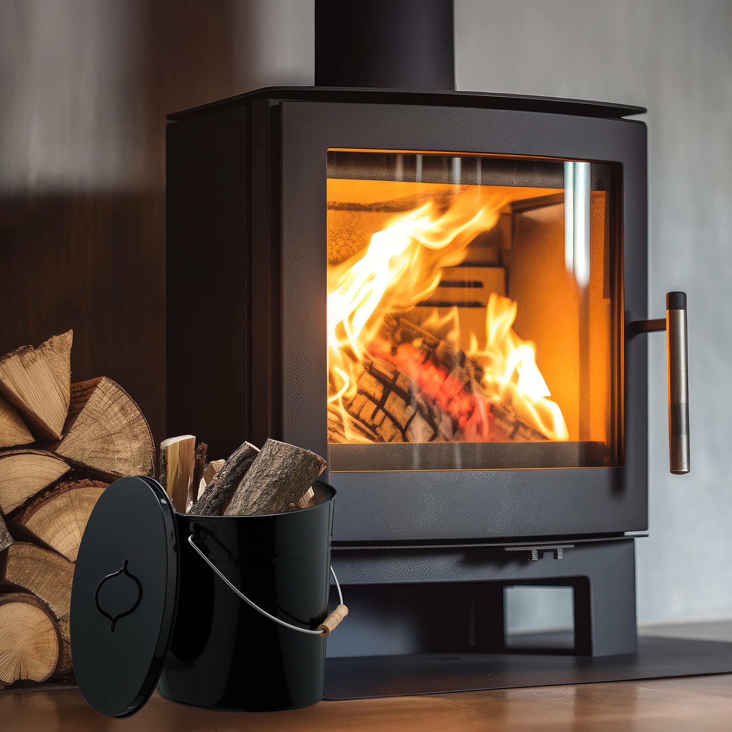 Relaxdays Secchio Raccogli Cenere con Coperchio, Cestello 12 L per Carbone e Bricchetti Camino e Stufa, Acciaio, Nero