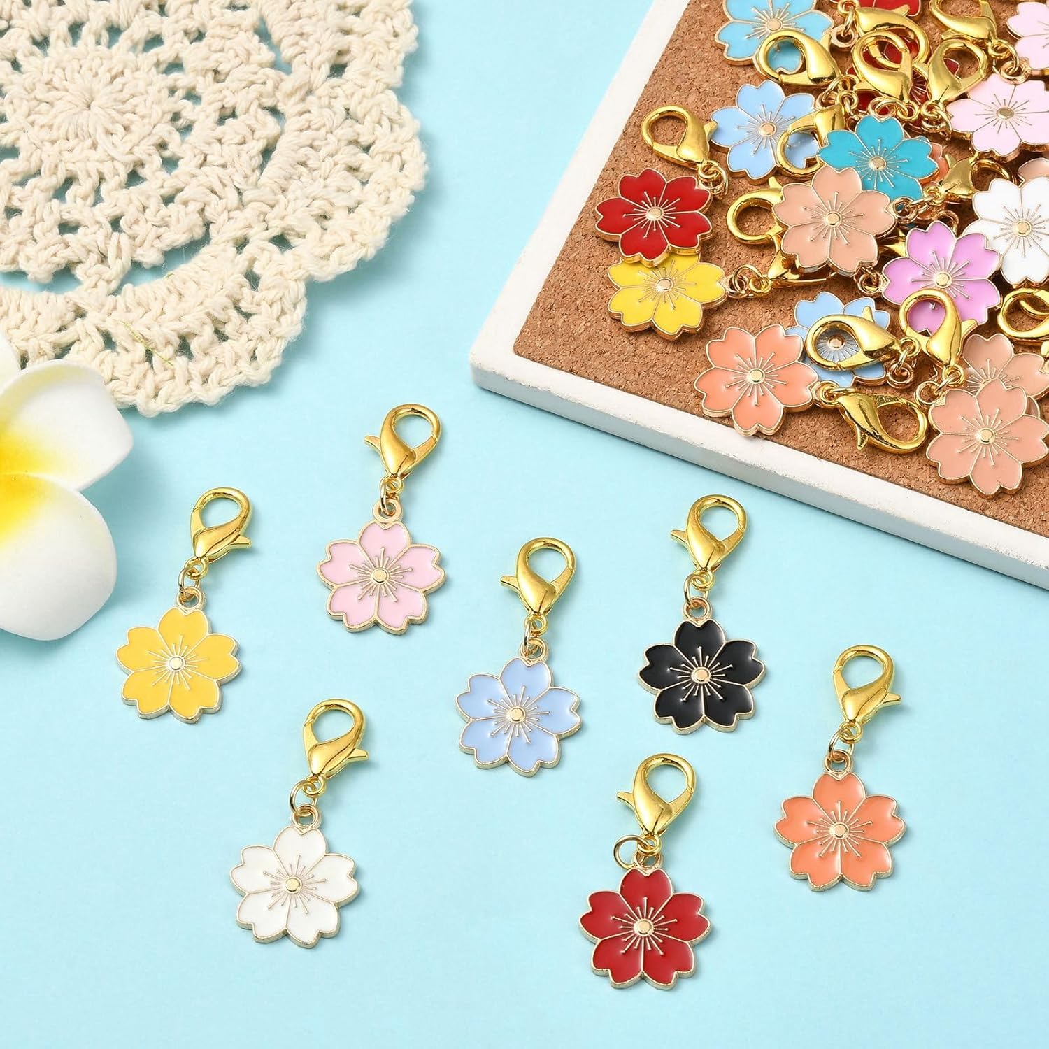 Ipotkitt 100 Pcs Alloy Enamel Flower Stitch Markers Spring Charms with Lobster Clasps Colorful Cherry Blossom Clip on Charms for Weaving Sewing Jewelry Making