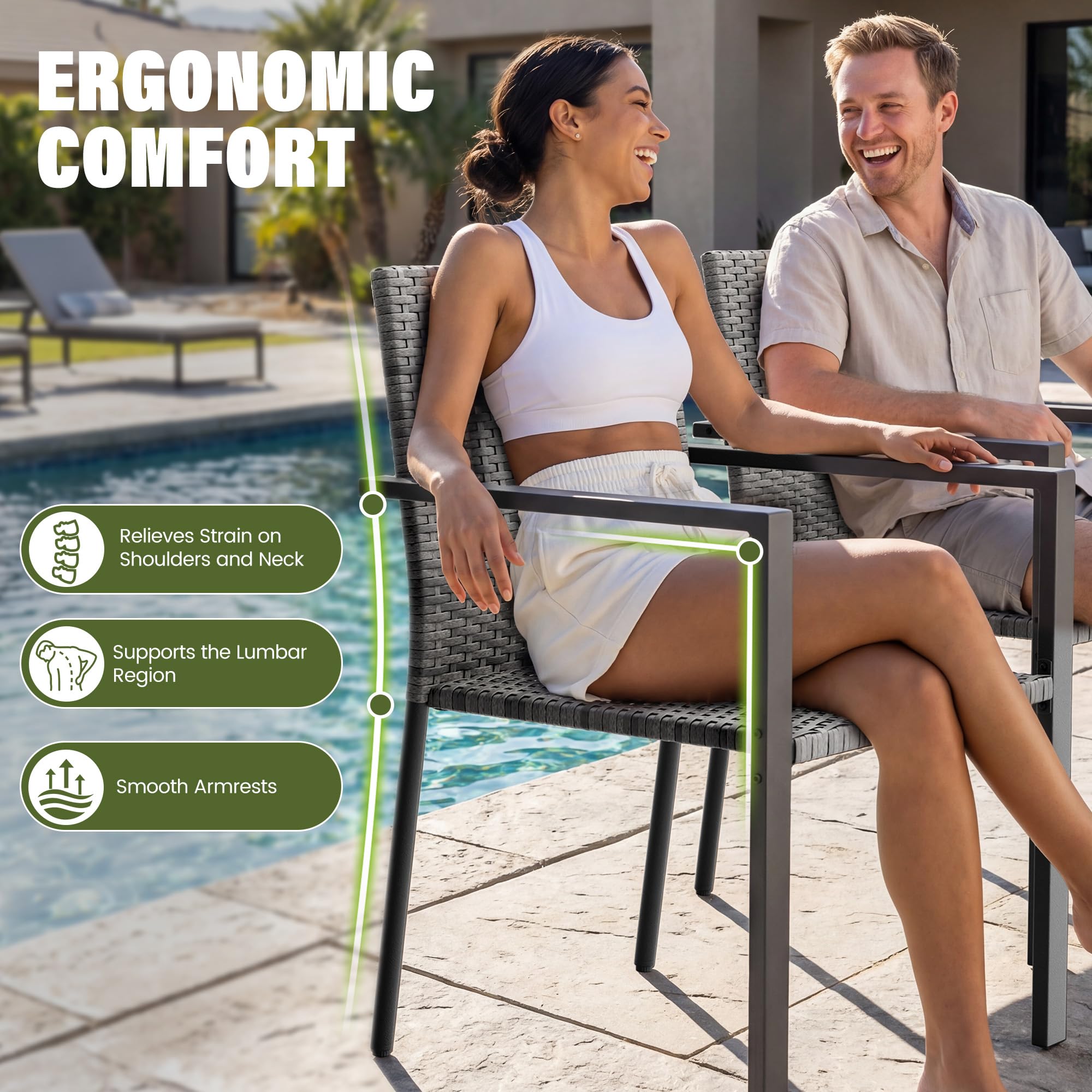 UDPATIO Gartenstühle Stapelbar 4er Set, Gartenstuhl Hochlehner aus Polyrattan, Rattan Stühle, Stapelstühle Wetterfest, Balkonstuhl Metall, Terrassenstühle für Garten, Outdoor, Grau