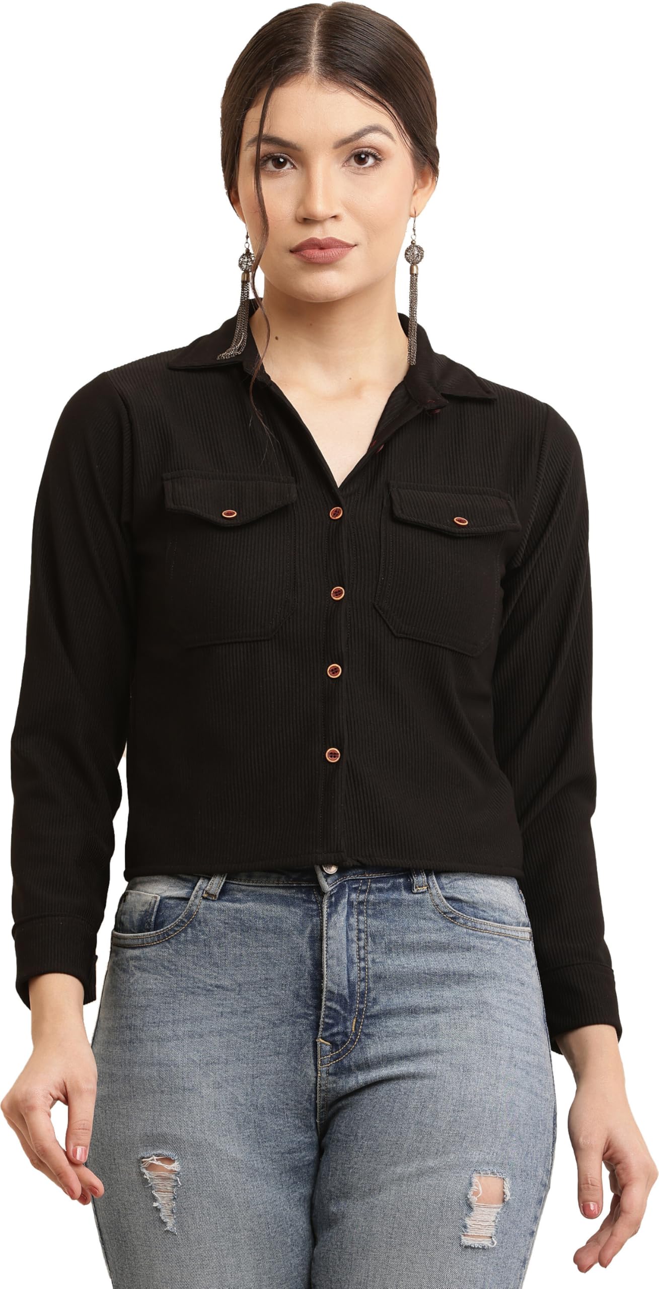 cliluxe Women's Stylish Cropped Shirt | Button-Down Long Sleeve Top with Collar & Pockets | Smart Fit Western Shirt for Office, College, Travel | Pairs with Jeans, Trousers, Skirts-picture-42