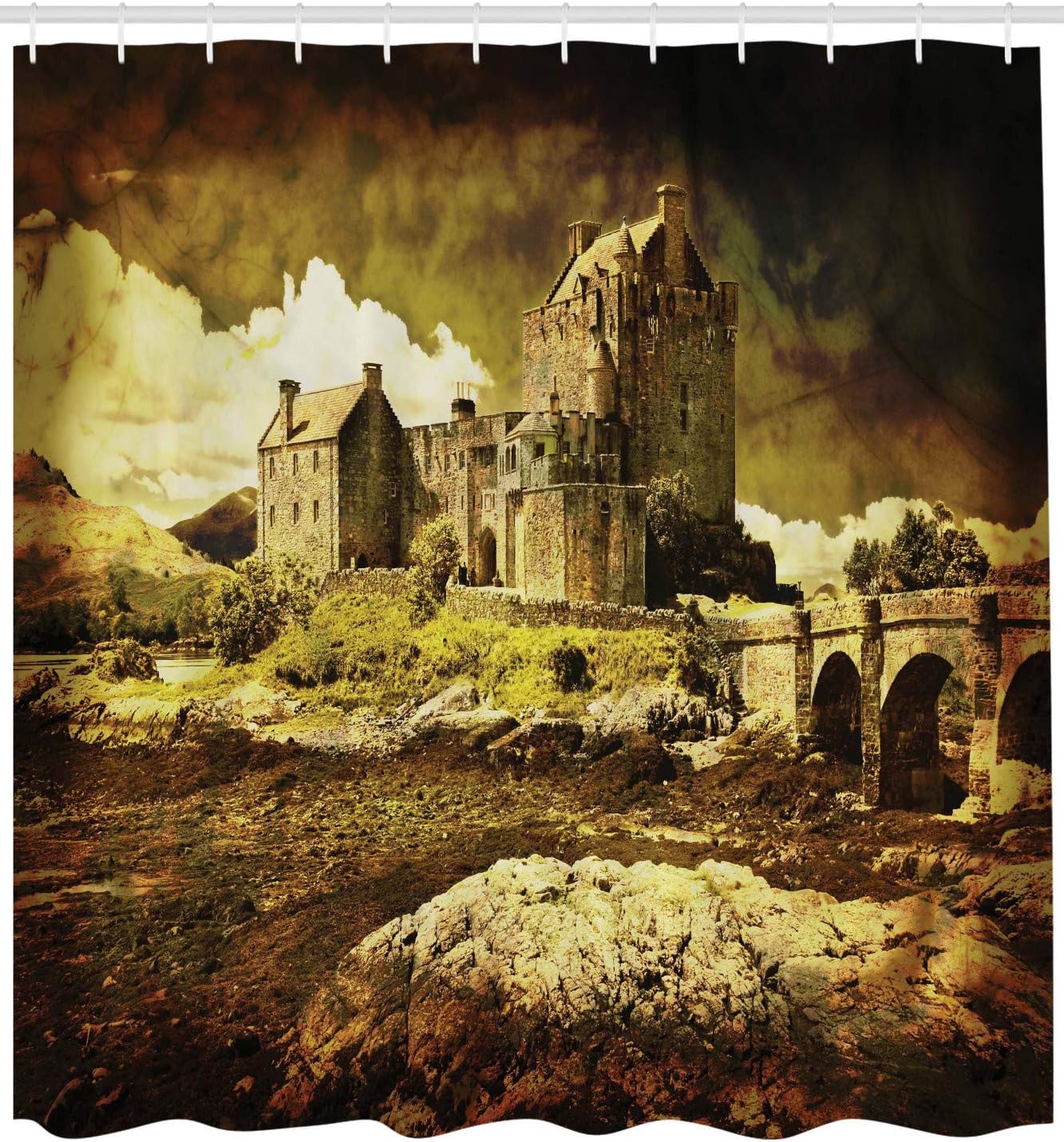 Ambesonne Medieval Shower Curtain, Old Scottish Castle Vintage Style European Middle Age Culture Heritage Town Photo, Cloth Fabric Bathroom Decor Set with Hooks, 69" W x 84" L, Green Grey