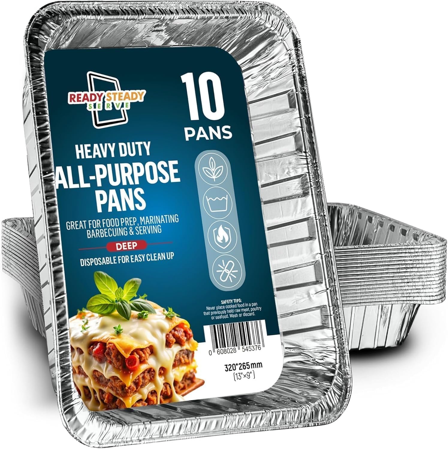ReadySteadyServe Large Aluminium Foil Trays, 32 x 26 cm, Extra Heavy Duty Tin Disposable Deep Foil Pans for Baking, Roasting, BBQ, Cooking & Chafing, 9x13 inch, Pack of 10 Trays