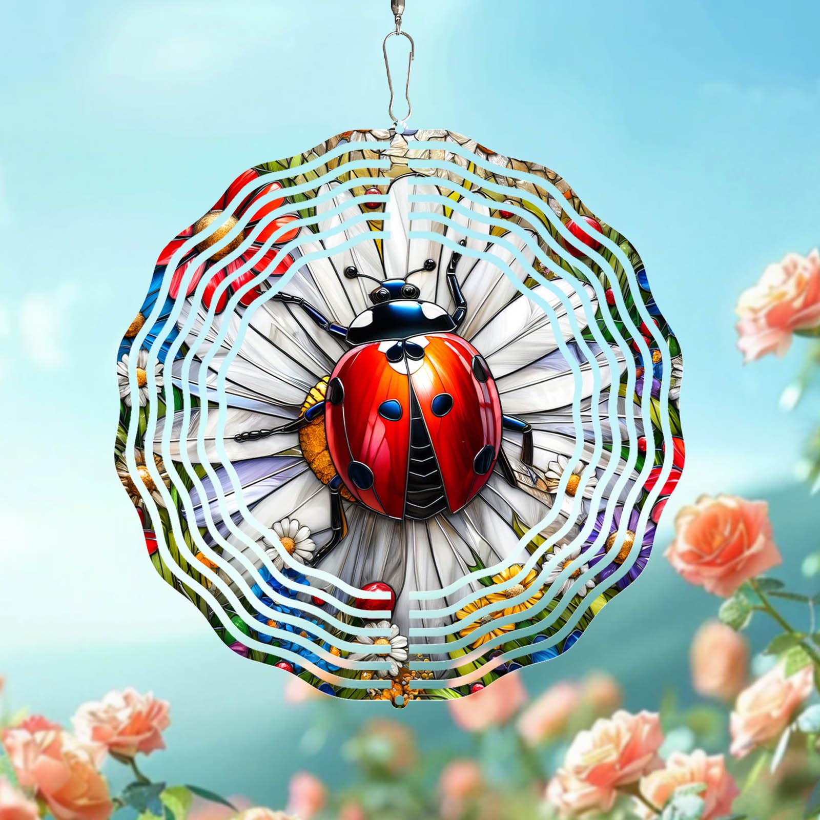 FKKsparkler Ladybug Wind Spinner 3D for Outdoor Decor, Stainless Steel Hanging Wind Spinner, Kinetic Art 10 inch Ornament Spinner for Garden Decoration