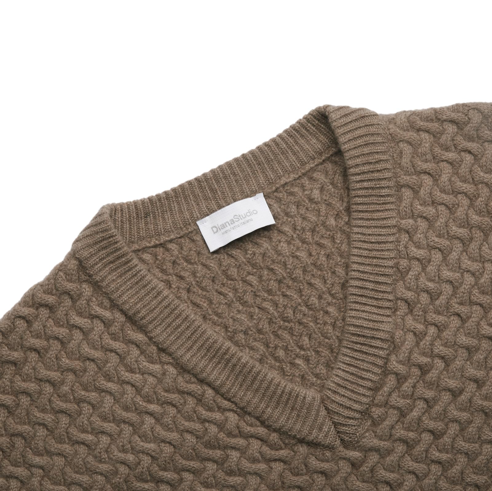 Diana Studio, Sweter z dekoltem w serek z warkoczami - męski, kaszmirowa, z długim rękawem, casualowy, szarobrązowy, XL, szary, XL-XXL