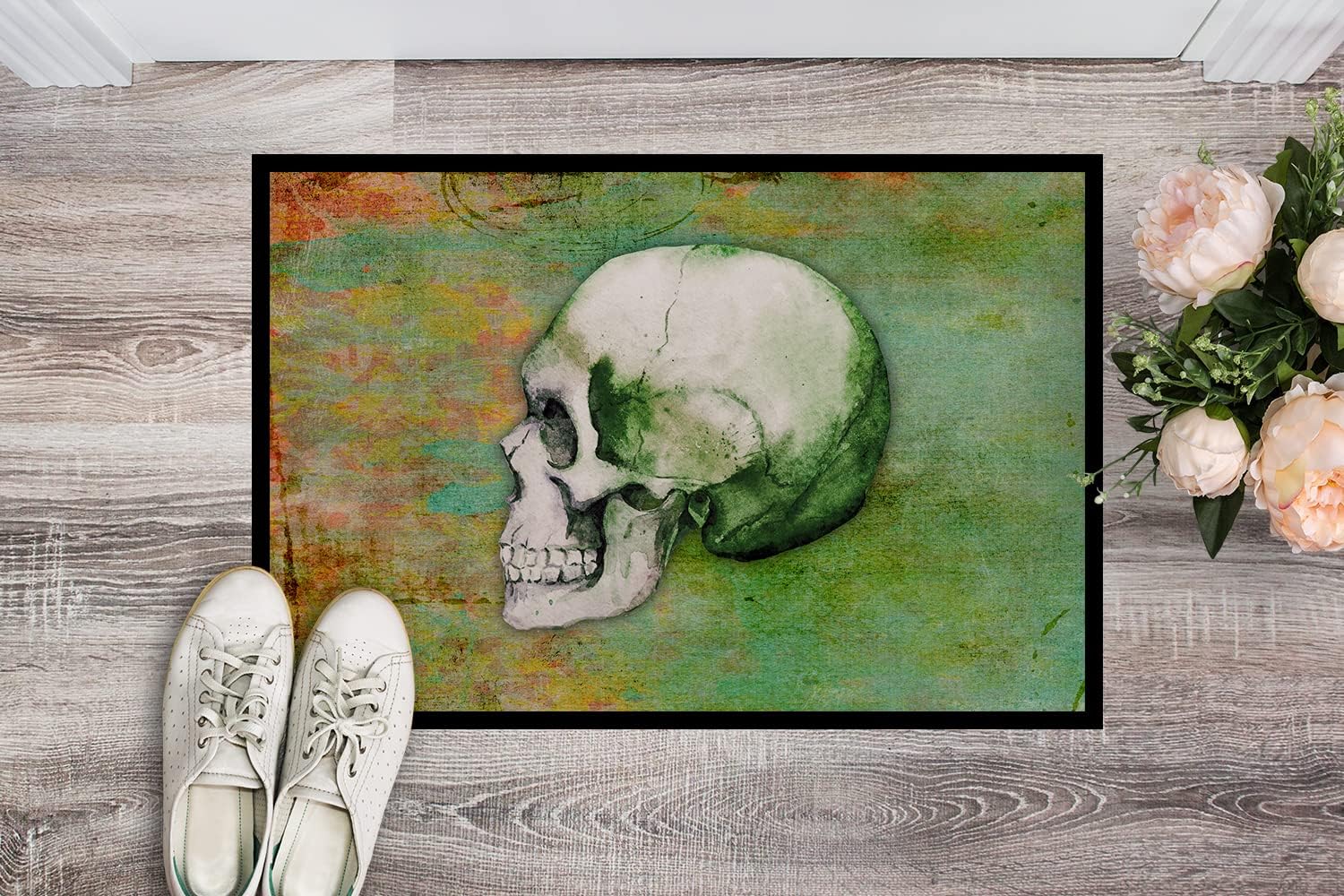 Caroline's Treasures BB5122MAT Day of The Dead Green Skull Doormat 18x27 Front Door Mat Indoor Outdoor Rugs for Entryway, Non Slip Washable Low Pile, 18H X 27W