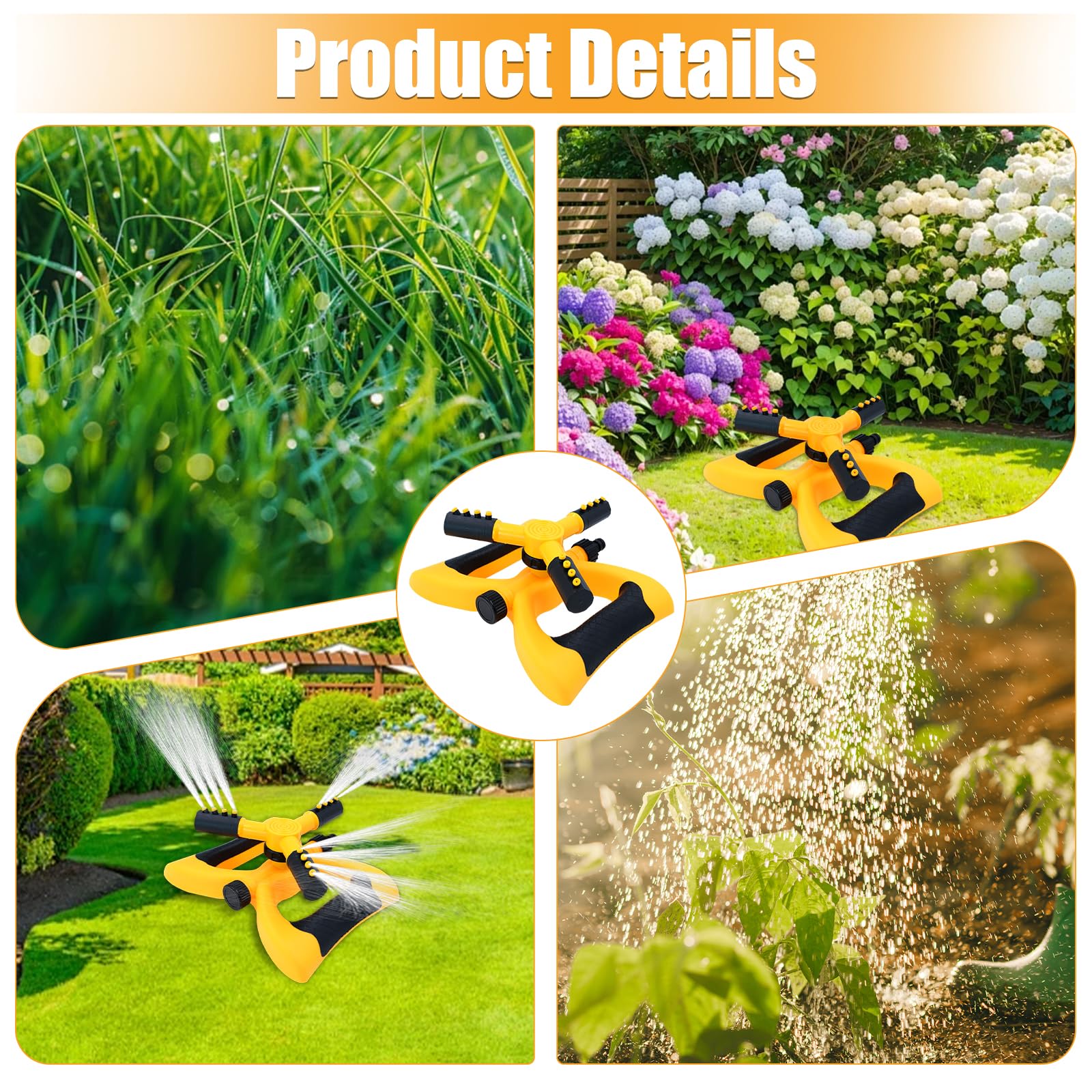 Arroseur de Pelouse Rotatif, Arroseur de Jardin 360 Degrés avec 3 Bras Réglables, Système d’Arrosage pour Jardin Fleurs et Parterres, Kit de Raccord pour Tuyau avec 4 Adaptateurs