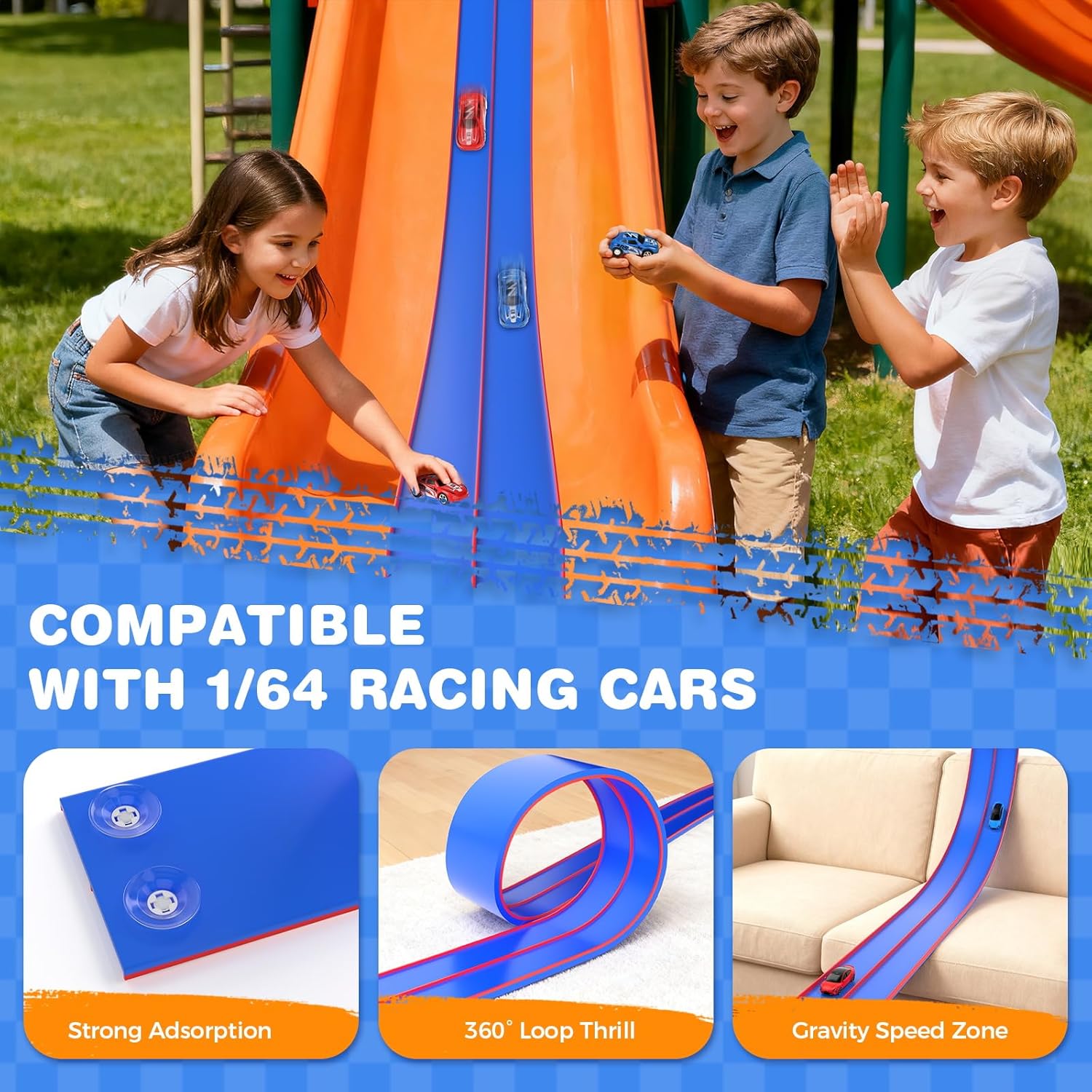 TAEMVV 15 Ft Dual Flexible Race Track for Kids, DIY Ramps Car Track Set Compatible with Hot Wheels 1/64 Diecast Cars, Reinforced Suction Cup Flex Track Gift for Boys Girls 3+, Blue&Red