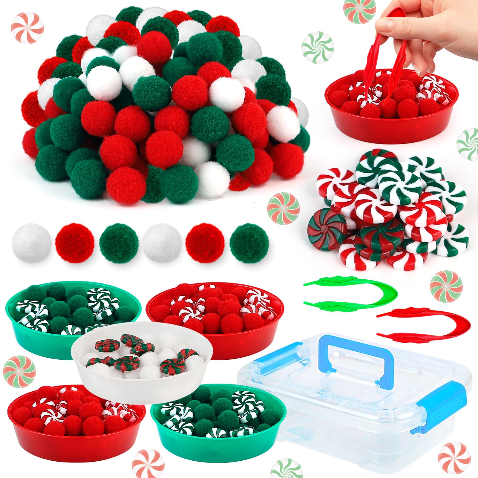 138 Pcs Fine Motor Toys Counting Sorting Christmas Decorations Sensory Bin Filler 100 Pcs Christmas Pompoms 30 Pcs Acrylic Christmas Candy 5 Cups 2 Tweezers Storage Box for Winter Christmas Decor