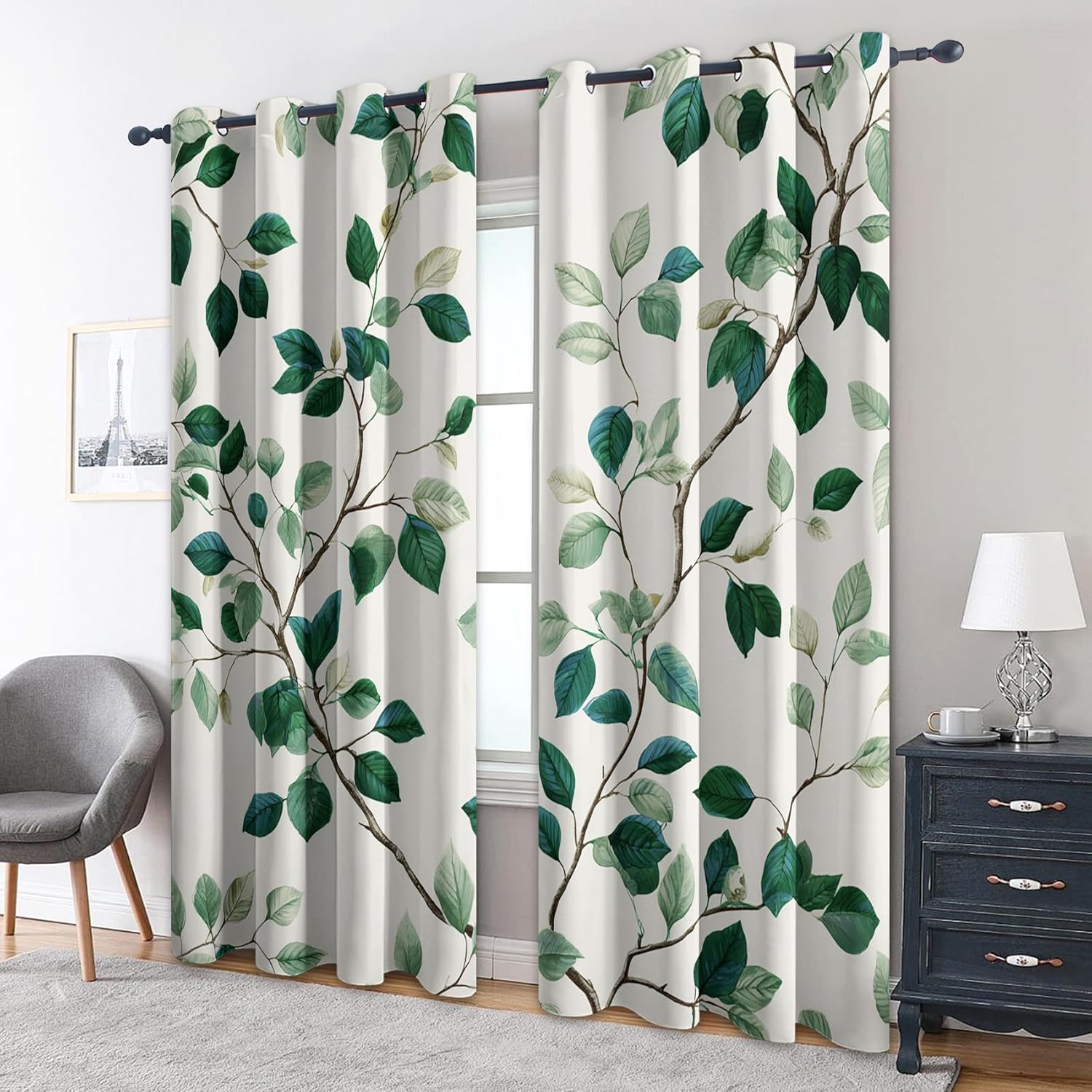 Eucalyptus Leaf Blackout Curtains for Bedroom, 72 Inch 2 Panels, Green Leaves Printed Pattern, 95% Black Out Window Drapes for Living Room, Leaves Home Decor, Grommet Top KN310