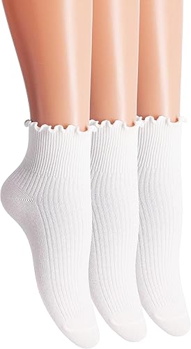 SRYL Calcetines de tobillo para mujer con volantes, puños giratorios, encantadores calcetines de doble aguja de color sólido