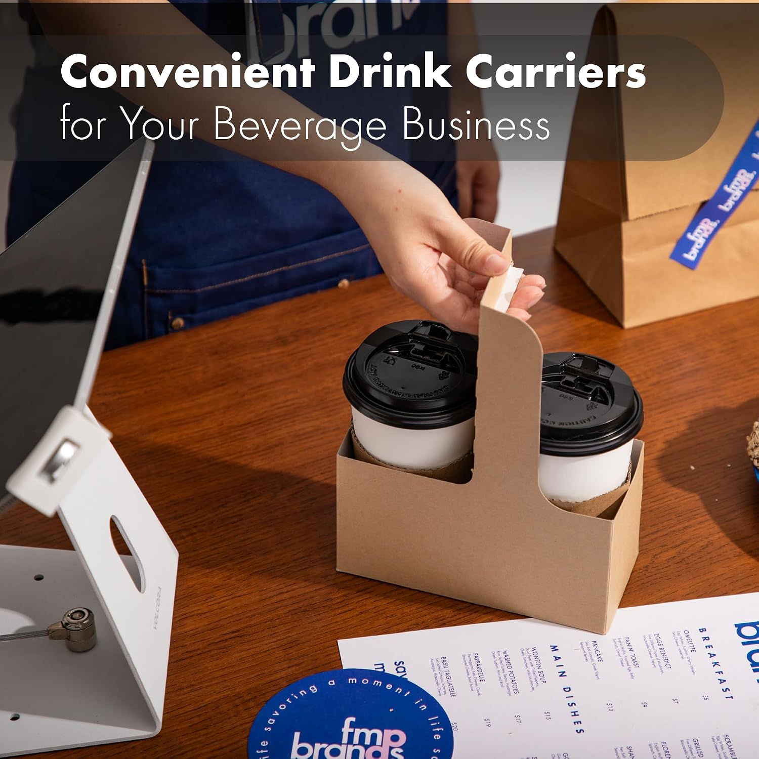 FMP Brands 2 Cup Disposable Drink Carrier with Handle, 15 Pack Kraft Paperboard Handled Drink Carriers 8-32 oz to Go Coffee Cup Holder, Cup Carrier for Cold Hot Drinks, Valentine Mother's Day