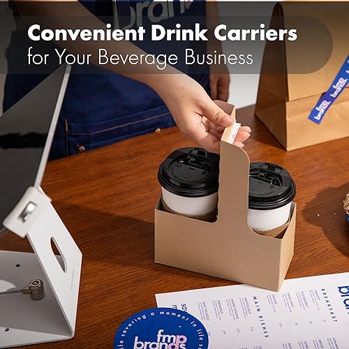 Miniatura 16 de FMP Brands Portabebidas desechable de 2 tazas con asa, paquete de 250 portadores de bebidas con mango de cartón kraft de 12 a 30 onzas, soporte
