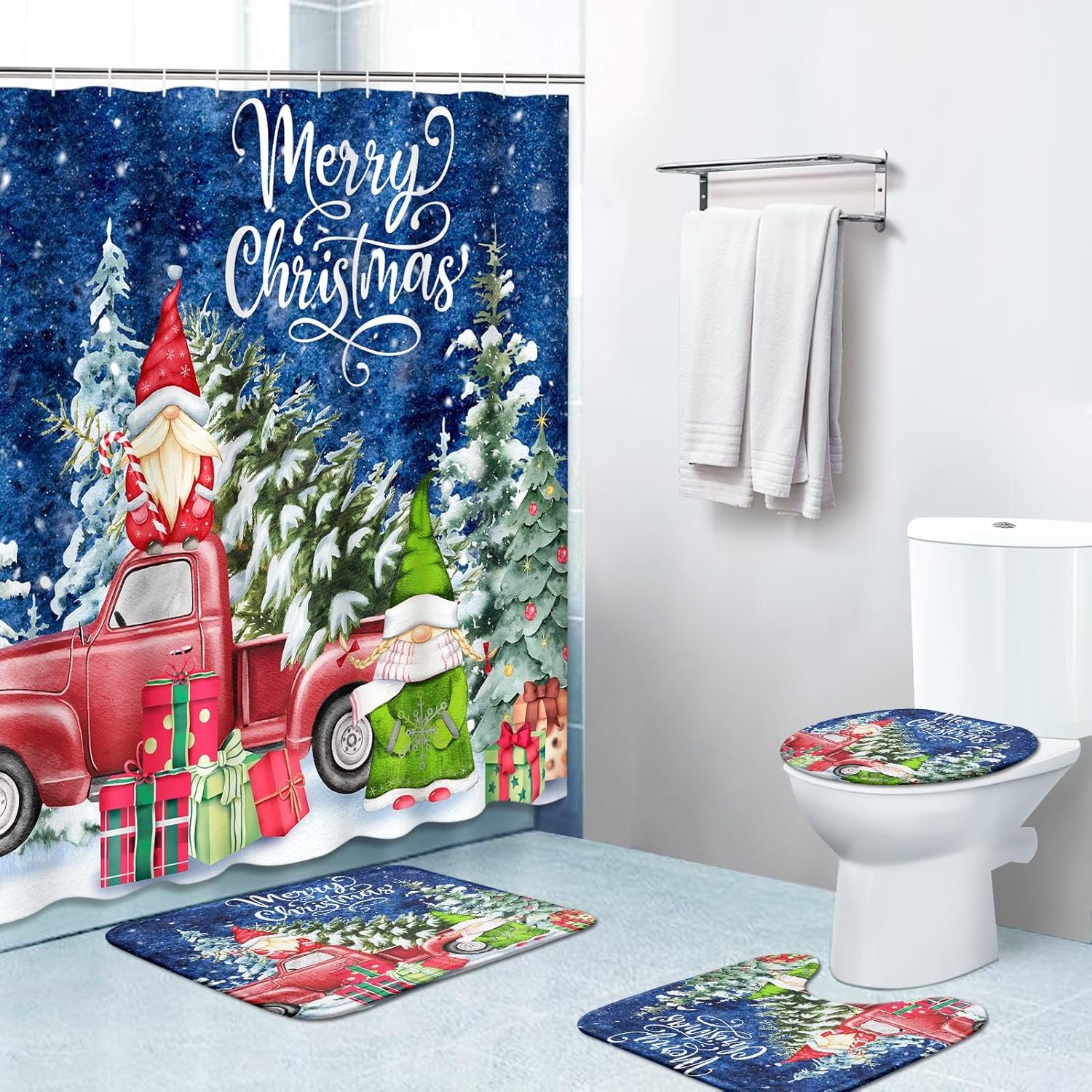 4 Piece Shower Curtain Sets, Gnomes Christmas Tree Winter