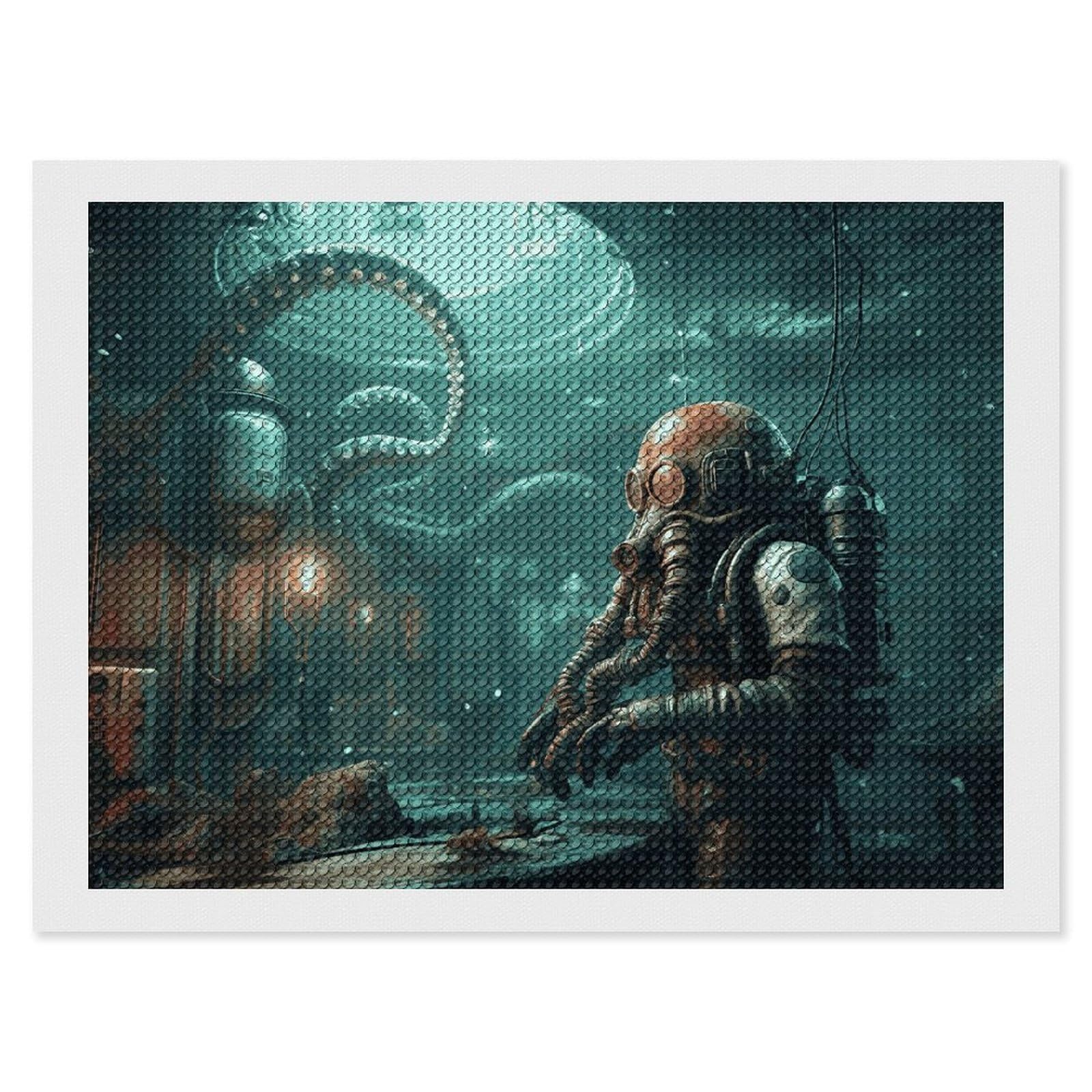 Cool Octopus Diver Diamond Art Kits for Adults, DIY 5D Diamonds Painting Kits for Beginner, Round Full Drill Diamond Dots Painting, 12"x16" Diamonds Pictures Gem Art and Crafts Wall Decor
