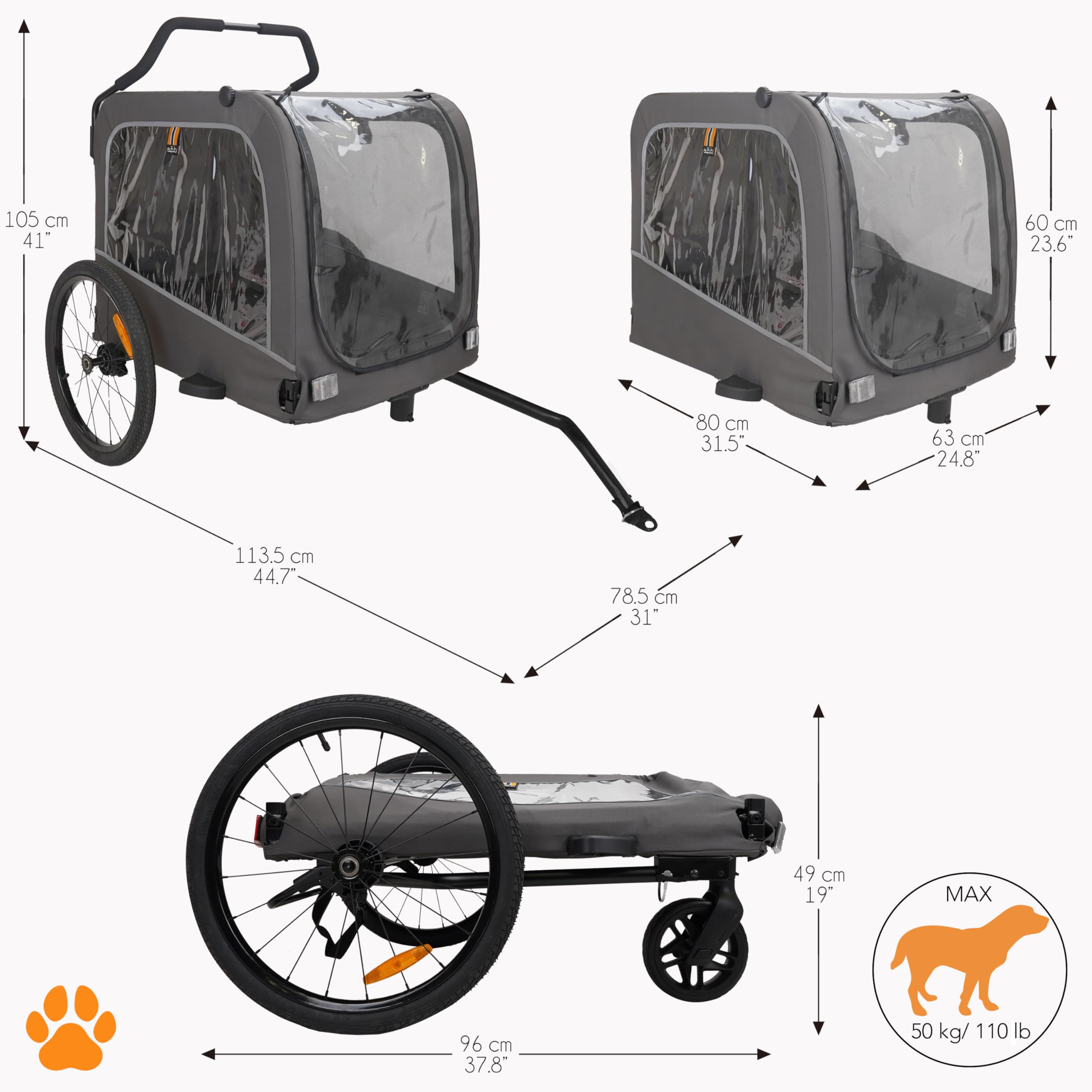 Carter - 3in1 Dog Pet Bicycle, Bike Transport Trailer, Pet & Shopping Stroller Pushchair, Jogger, Convenient Trolley, Easy Fold, Rain Screens Included, Max Load 50kg/110lb, Color Dark Grey