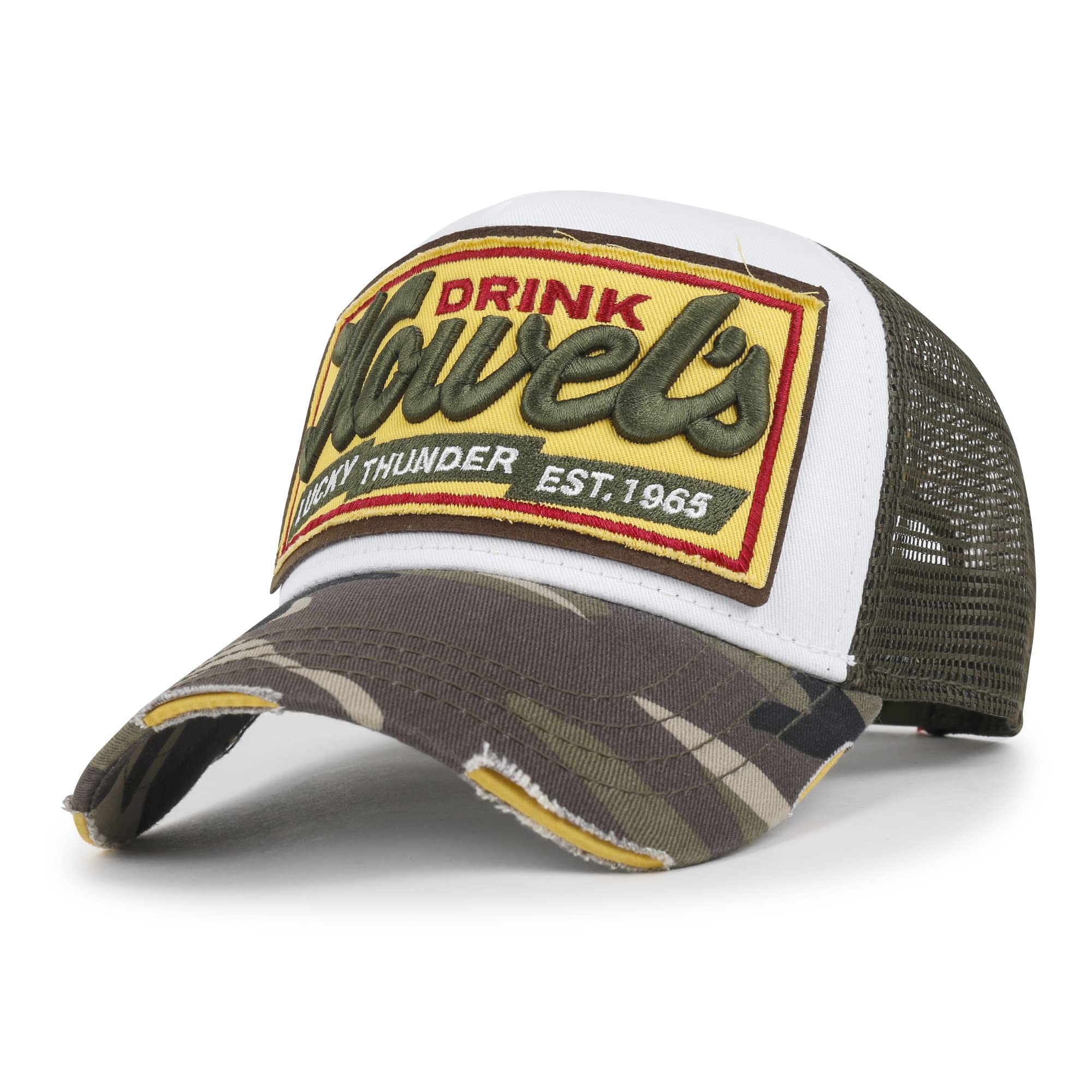 ilililyPremium Howels Embroidery Vintage Baseball Cap Distressed Trucker Hat, White/Camo, Medium