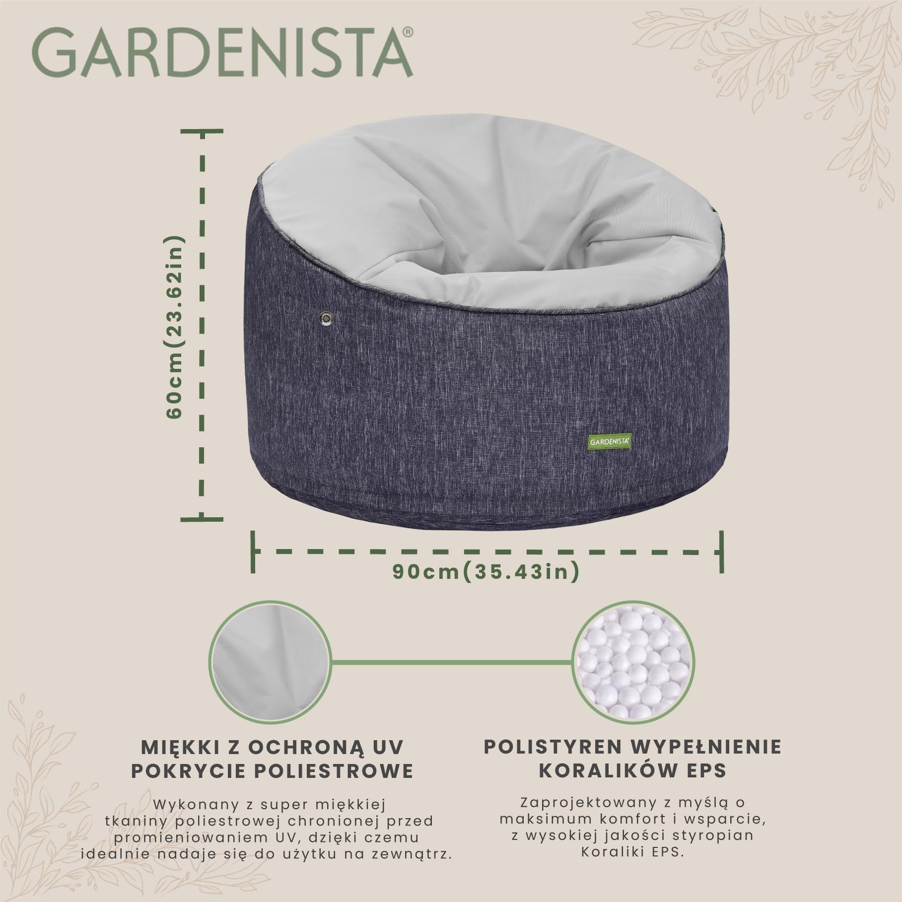 Gardenista Pouf Rotondo 60x90cm, Interno/Esterno Bean Bag Poltrone per Adulti, Resistente all'acqua Pouffe a Sacco con Riempimento Perle EPS, Pouf Poltrona Sacco Soggiorno e Giardino (Grigio)