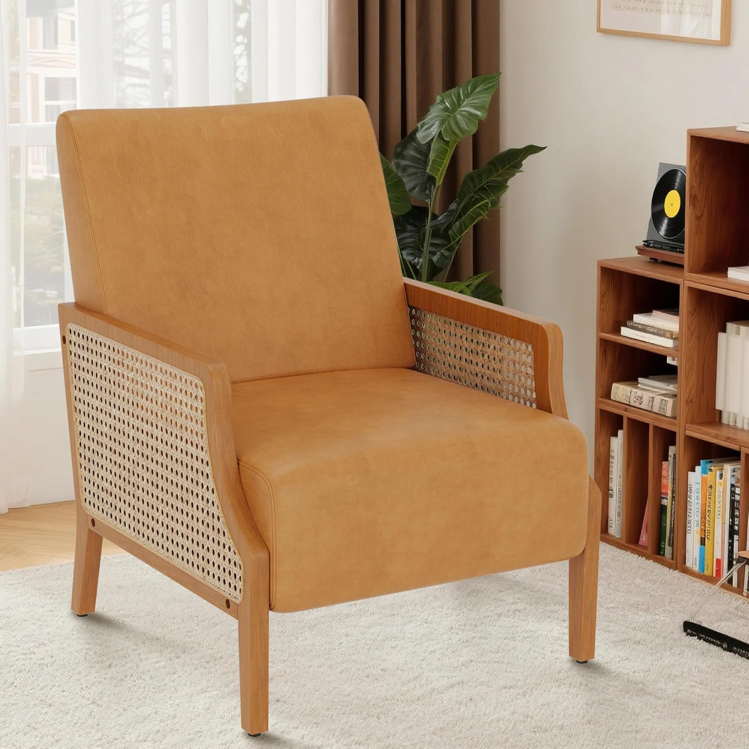 WENTMENT Modern Accent Chair, Armchair with Natural Rattan Armrest, Upholstered Living Room Chair Comfy Single Sofa Chair for Hosting Room/Bedroom,White