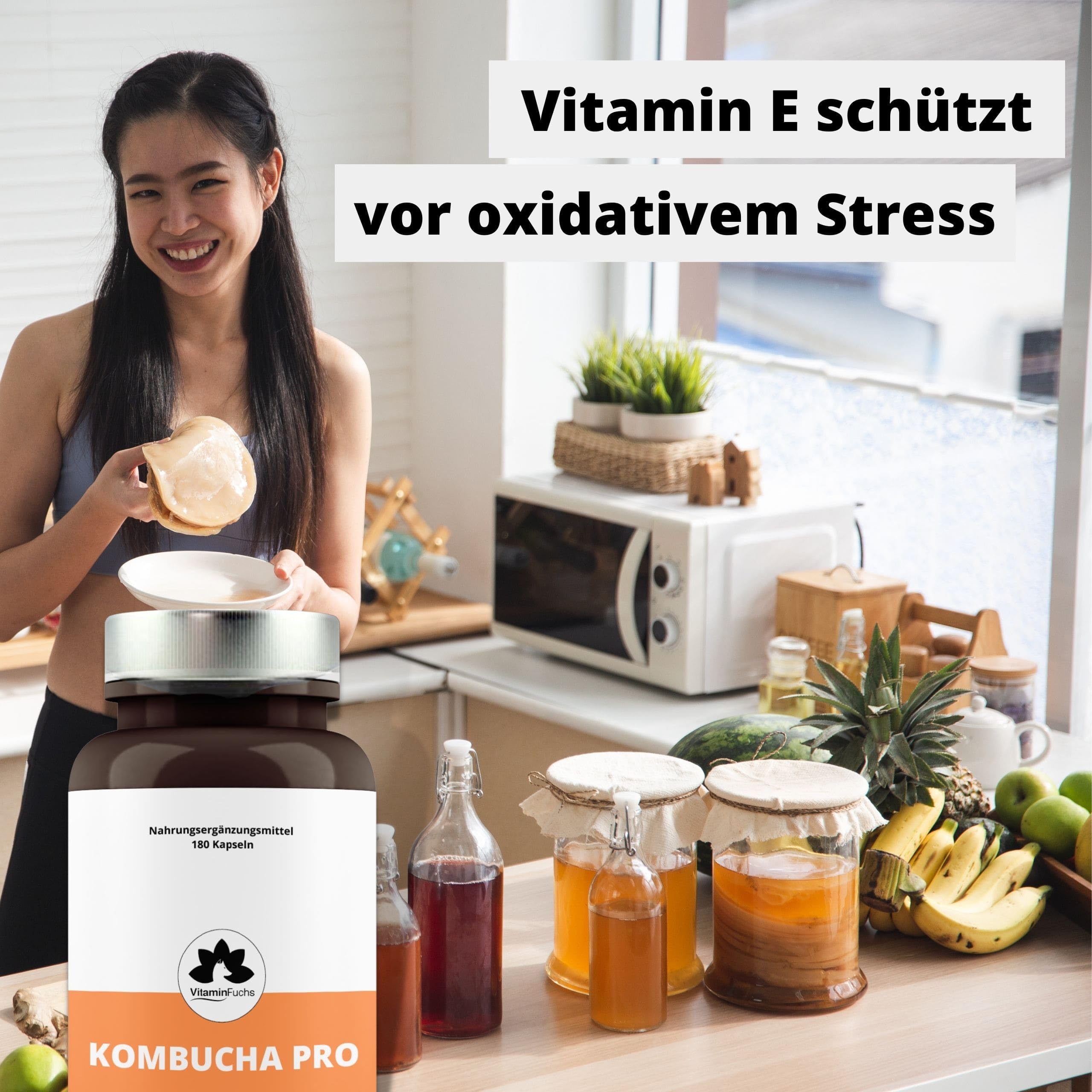 Kombucha Kapseln mit Vitamin E - 3 Monatsversorung mit 180 Kapseln - Kombucha Pilz - Premium Vitamin E Kapseln mit Kombucha-Extrakt von VitaminFuchs