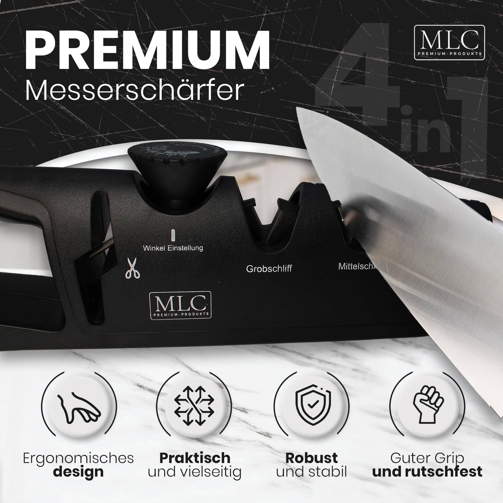 MLC Messerschärfer der 4-in-1 – Messerschleifer mit einstellbarem Winkel für Messer & Scheren, zuhause einfach Messer schärfen und schleifen, manueller Schleifstein/Wetzstahl ersatz