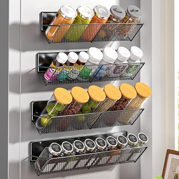 DTUQYX Magnetic Spice Rack 4-Pack for 32 Spices Jars, 14-16.5 inch Long Strong Magnetic Shelves, Space Saving Spice Organizer 45 Tilt for Refrigerator, No Drilling Home Kitchen Storage Shef