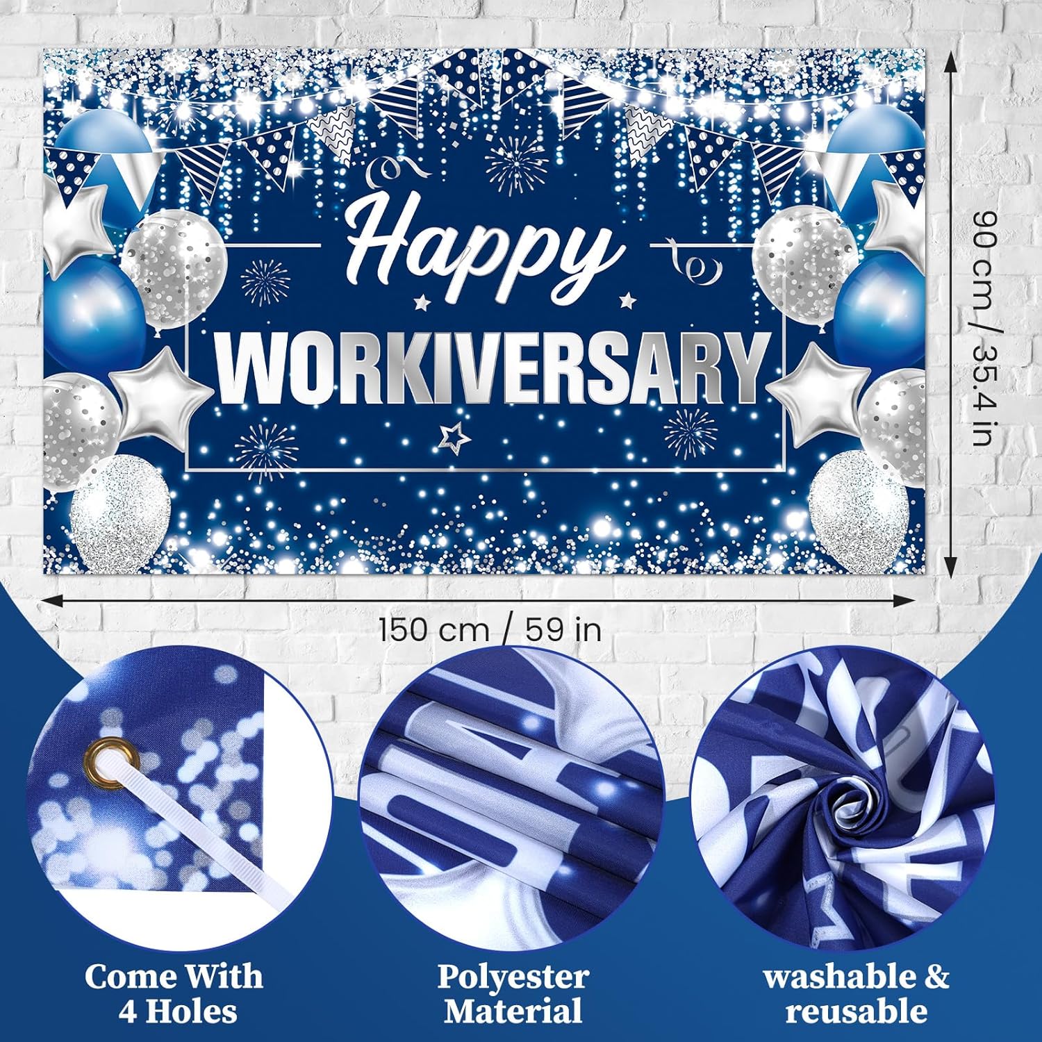 Happy Work Anniversary Decorations Blue Silver Happy Workiversary Banner Honeycomb Centerpieces Hanging Swirls Tissue Paper Pompoms Sash for Office Employee Worker Anniversary Appreciation Supplies