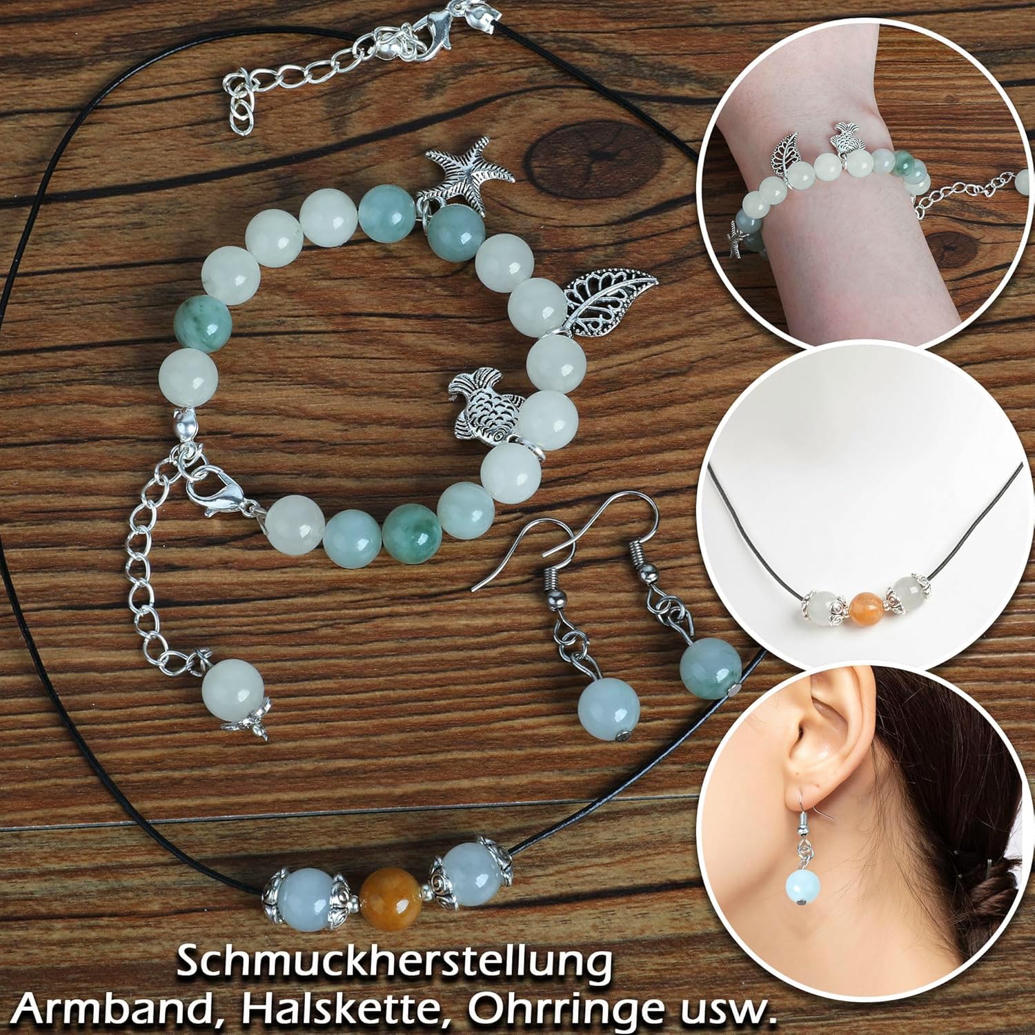 SOSMAR 200 Cuentas Redondas de Piedras Naturales 8mm para Joyería - 10 Tipos (Cuarzo Fresa, Ágata de Encaje Loco, Howlita Blanca) - Pulseras, Collares, DIY Manualidades (estilo D)