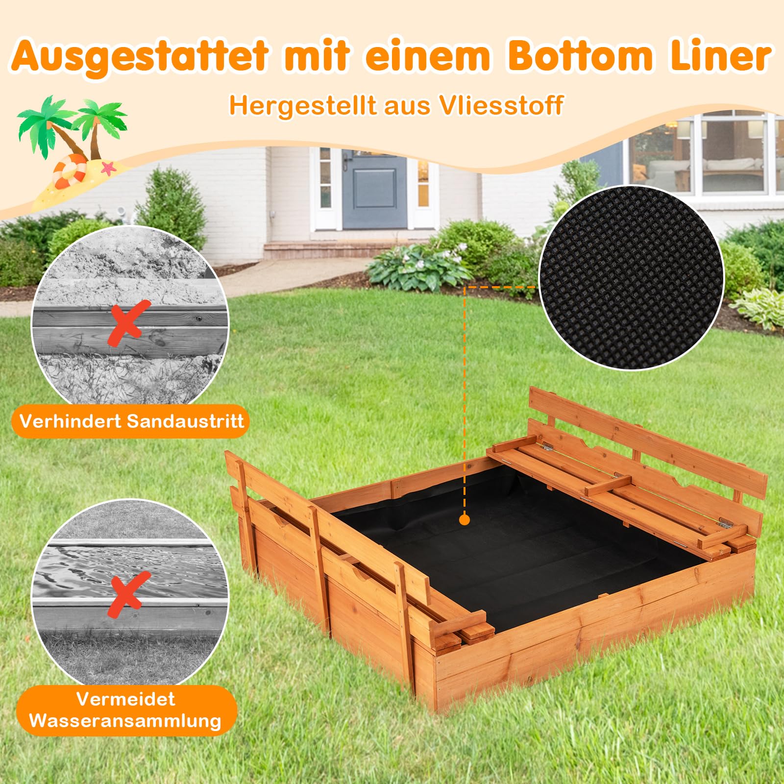 COSTWAY Sandkasten mit Sitzbänken, 120x120 cm Sandkiste Holz, Sandbox mit Deckel & Bodenvlies, Kinder Sandkasten Outdoor, für Garten, Balkon, Terrasse