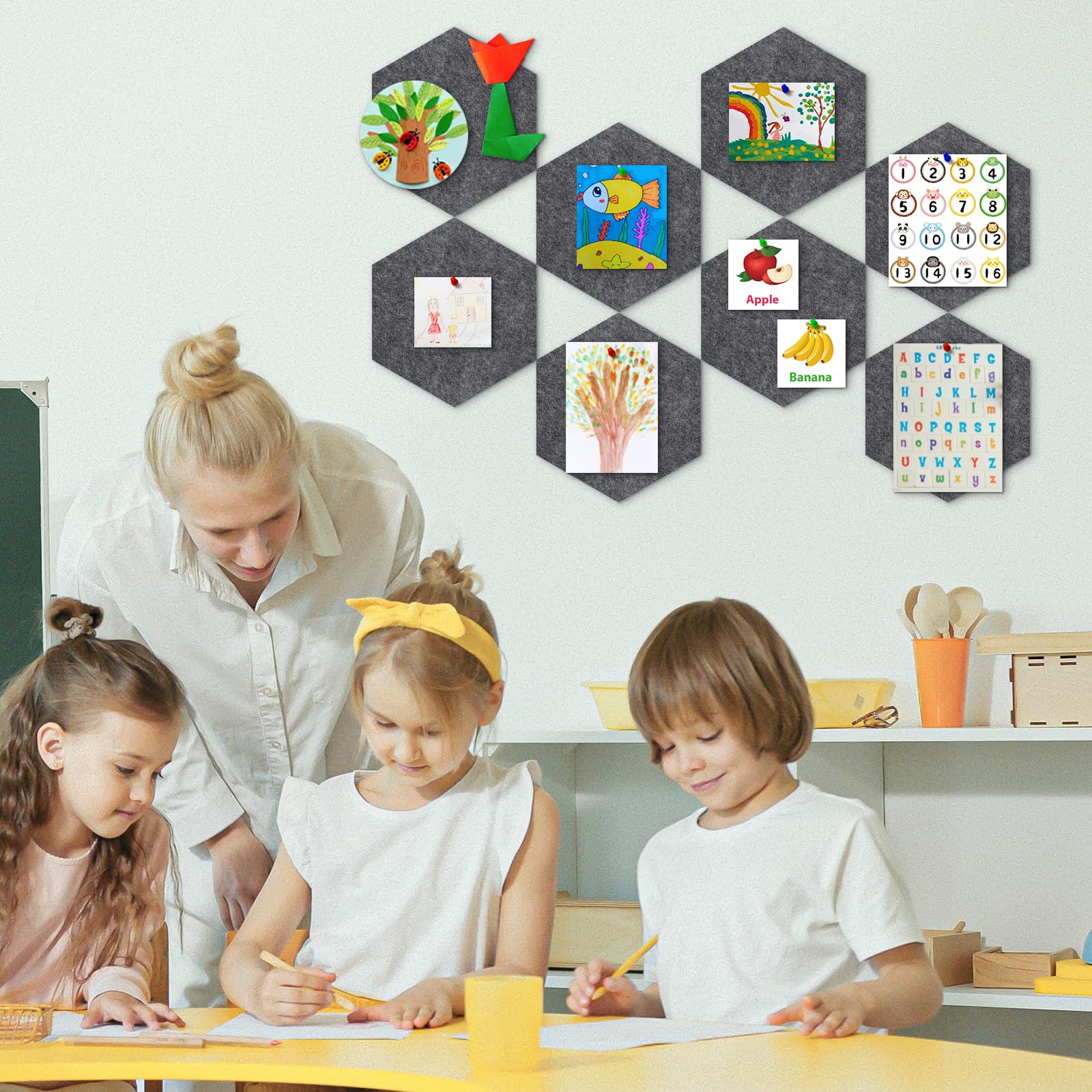 Hexagon Filz Pinnwände 8 Stück, 12mm dicke 22x19cm, Dunkel Grau | mit 60 Push-Pins & Klebepads für DIY-Memo-Pinnwand, dekorative dunkelgrau Vision-Board für Büro Zuhause Küche & Schlafzimmer