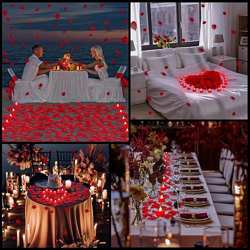 Miniatura 6 de VIHOSE 4000 pétalos de rosa artificiales con 24 velas LED de té, velas LED sin llama, pétalos de rosa falsos para noche de aniversario de San