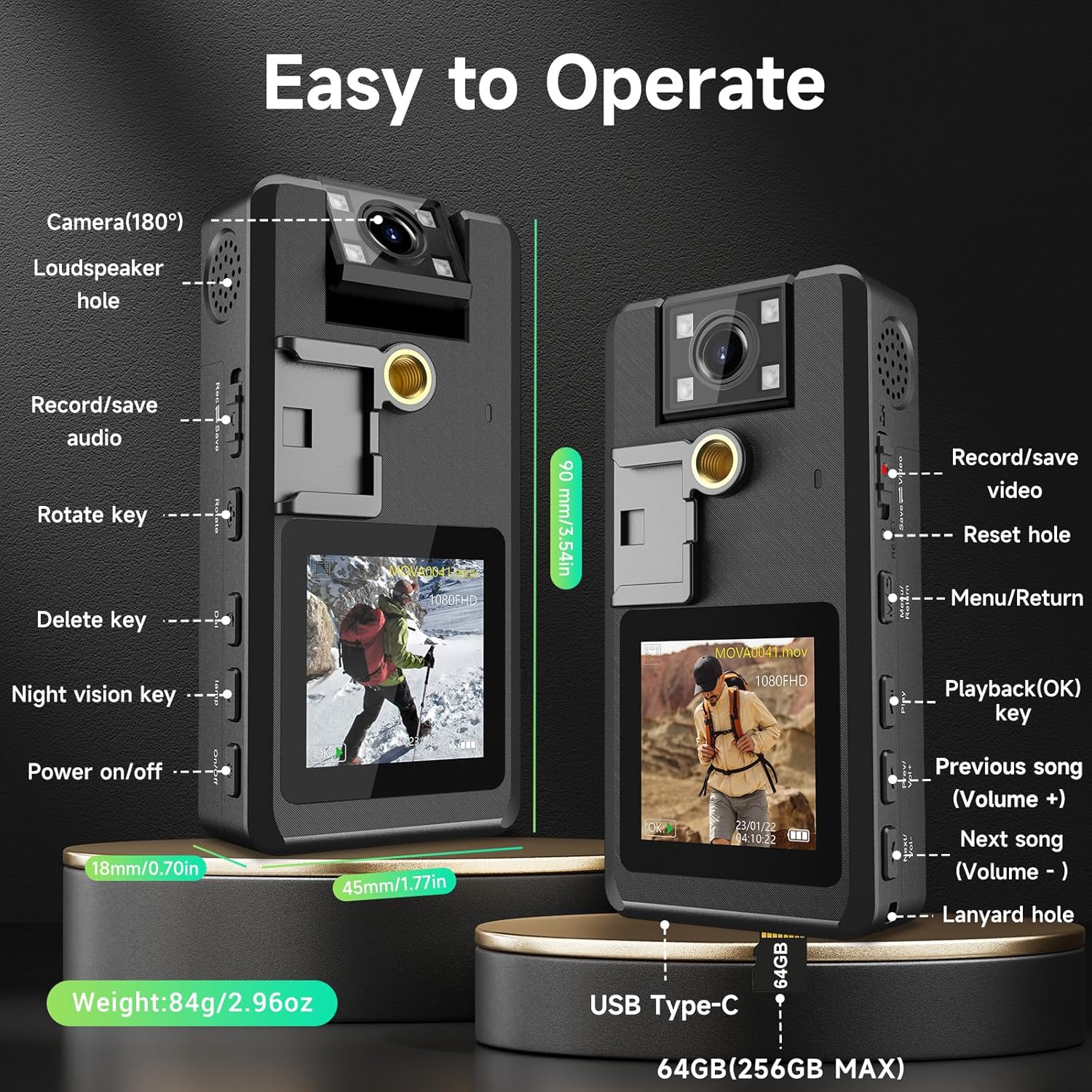 Wevoor A53 Body Camera with labeled buttons and features