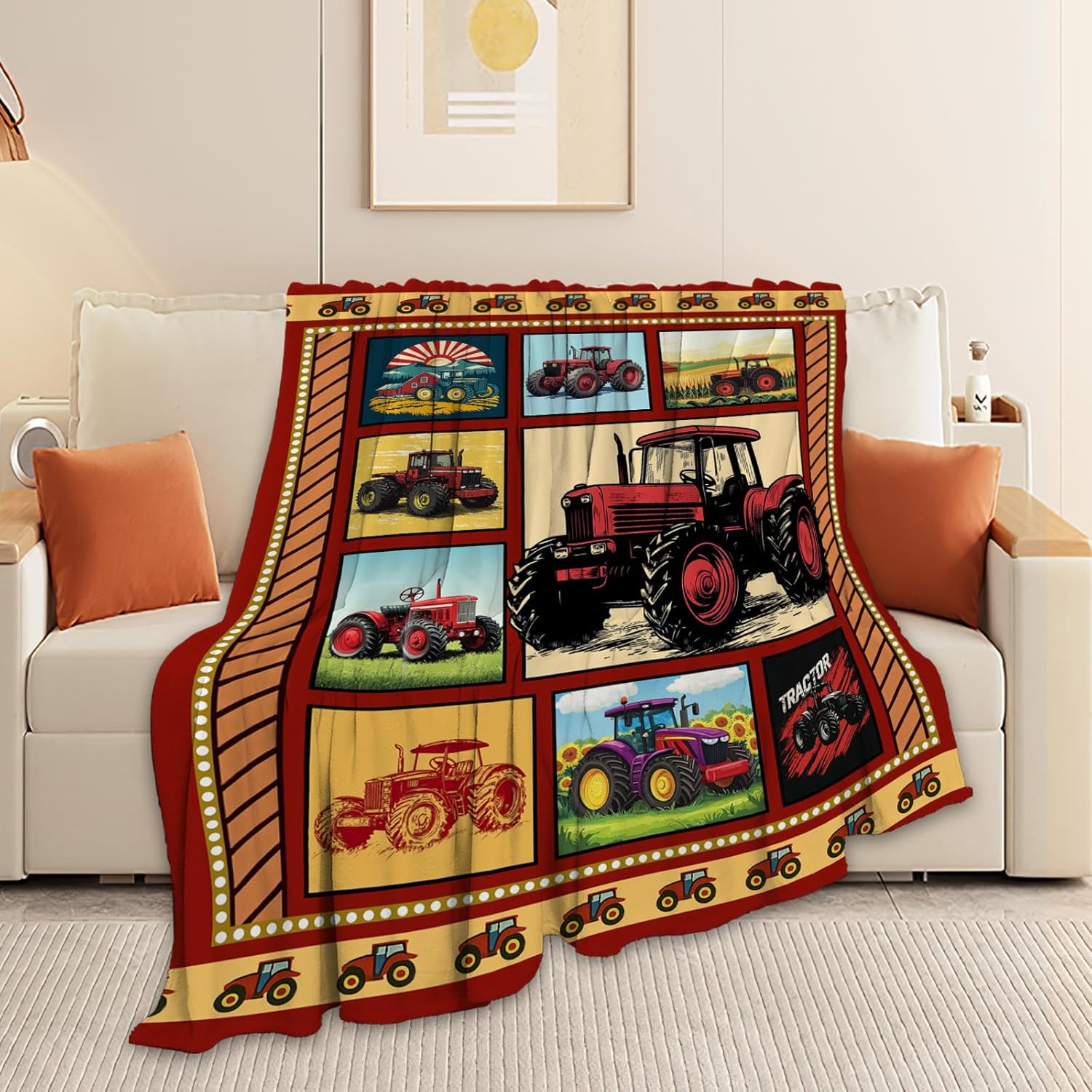 Truck Blanket, Red Trucks Throw Blanket, Farmhouse Tractor Gifts Blankets Stuff Fleece Flannel Plush for Men Boys Women Girls Lovers Adults Soft Bedding Gift for Sofa Bed Office Home Decor 40"X50" - Image 3