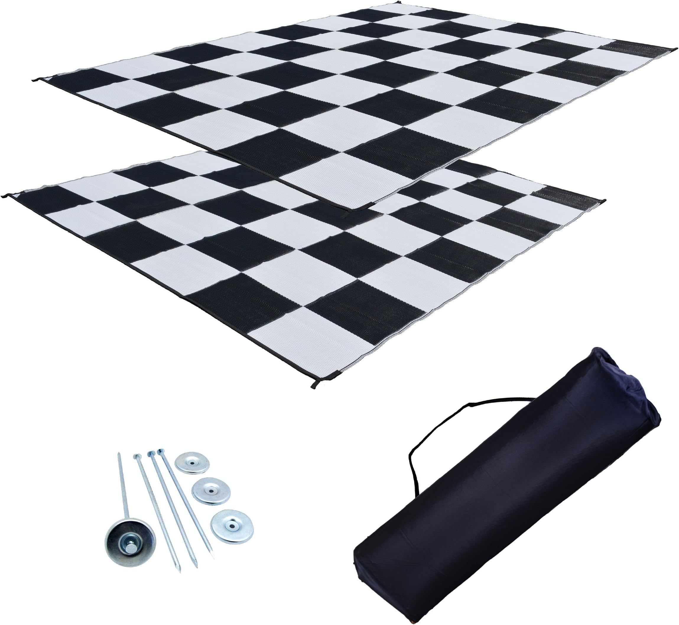 RV Patio Mat Awning Mat Outdoor Rug Trailer Mat Complete Kit 9x18 (Black and White Checkers)