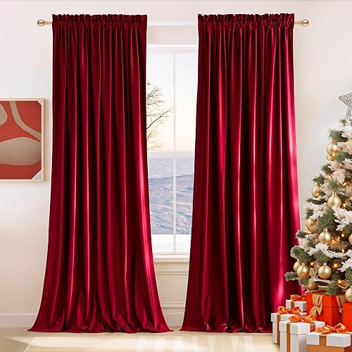 NICETOWN Christmas Red Velvet Blackout Curtains 84 inches Long 2 Panels for Bedroom, Wall Decor Soundproof Privacy Protection Panels for Home Theatre/Film Room/Stage (Rod Pocket Design)