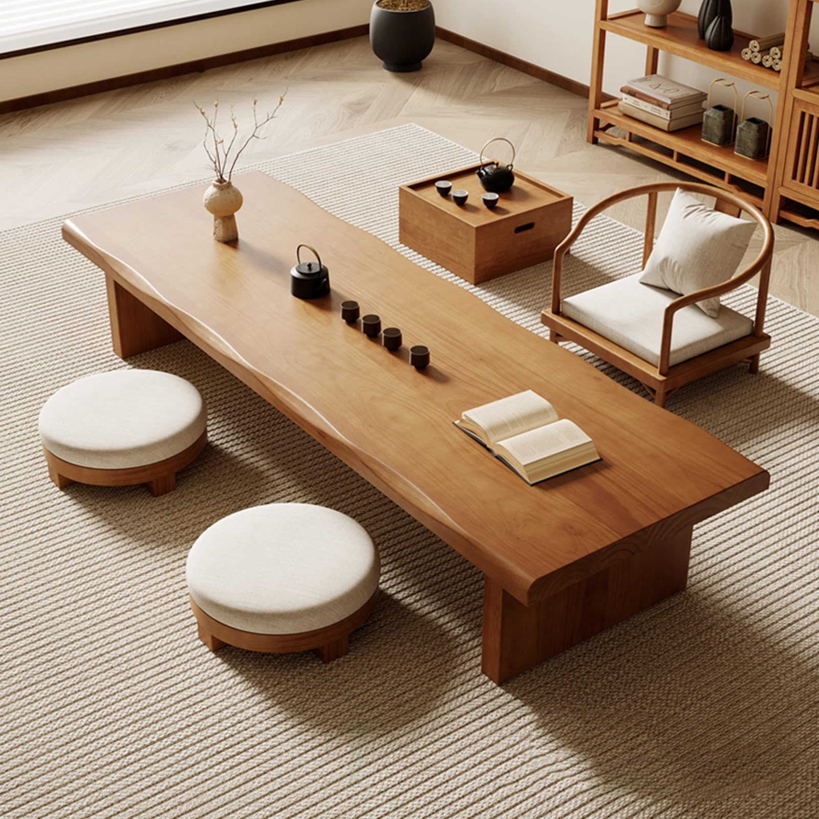 Table Basse en Bois de Noyer Massif Style Japonais Épuré 120 cm