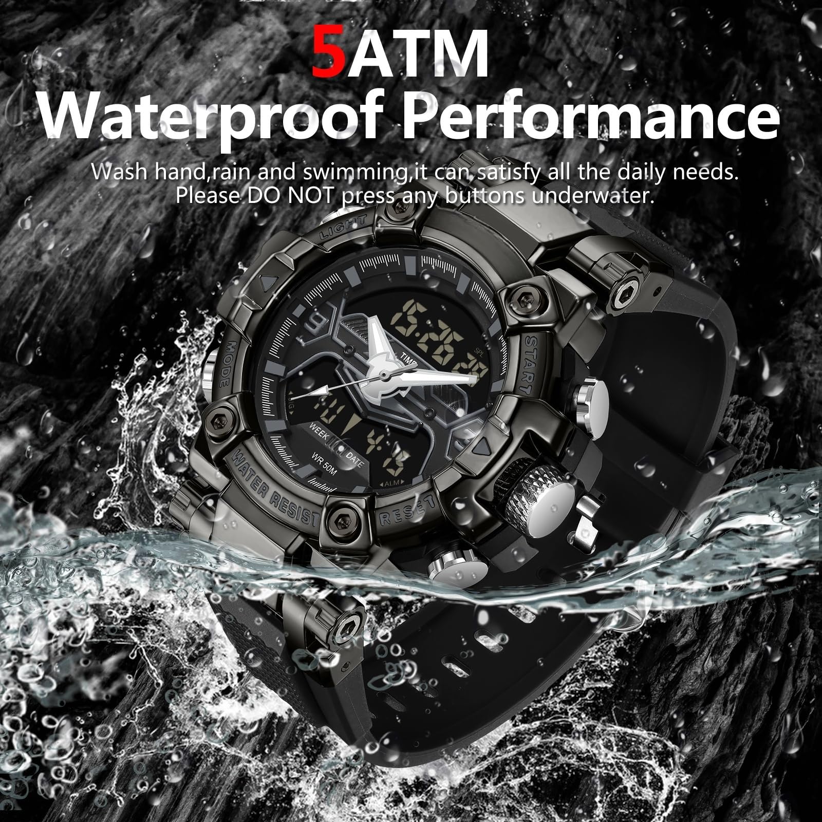 findtime Relojes digitales militares para hombre, reloj deportivo resistente al agua, esfera grande, retroiluminación LED, reloj de pulsera de 8 colores, cronómetro, alarma, reloj electrónico táctico