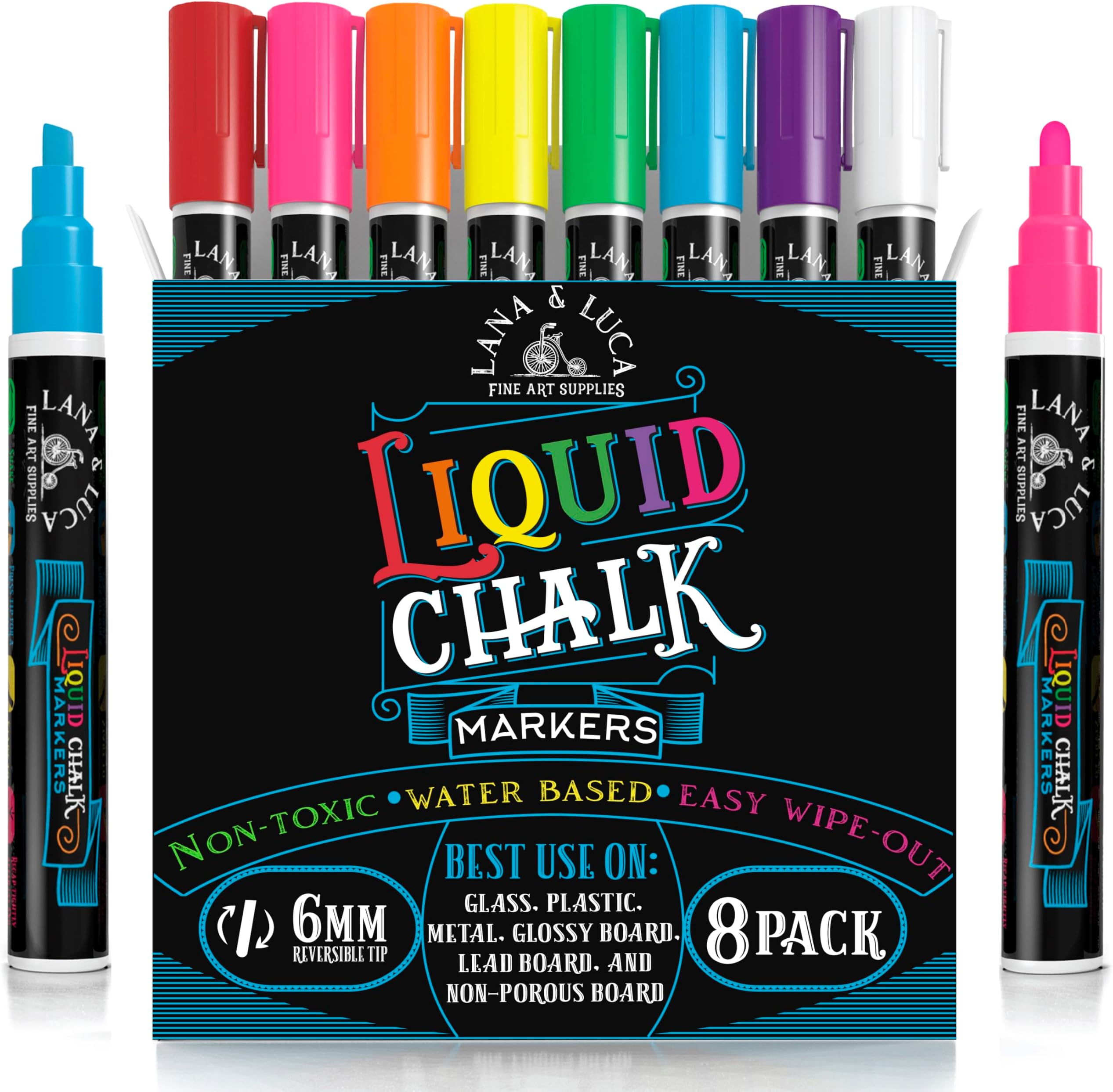 LANA & LUCA Liquid Chalk Markers for Blackboards - Bold Color Dry Erase Marker Pens - Chalkboards Signs, Windows, Blackboard, Glass - 6mm Reversible Tip (8 Pack)