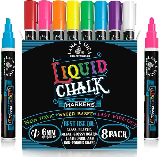 LANA & LUCA Liquid Chalk Markers for Blackboards - Bold Color Dry Erase Marker Pens - Chalkboards Signs, Windows, Blackboard, Glass - 6mm Reversible Tip (8 Pack)