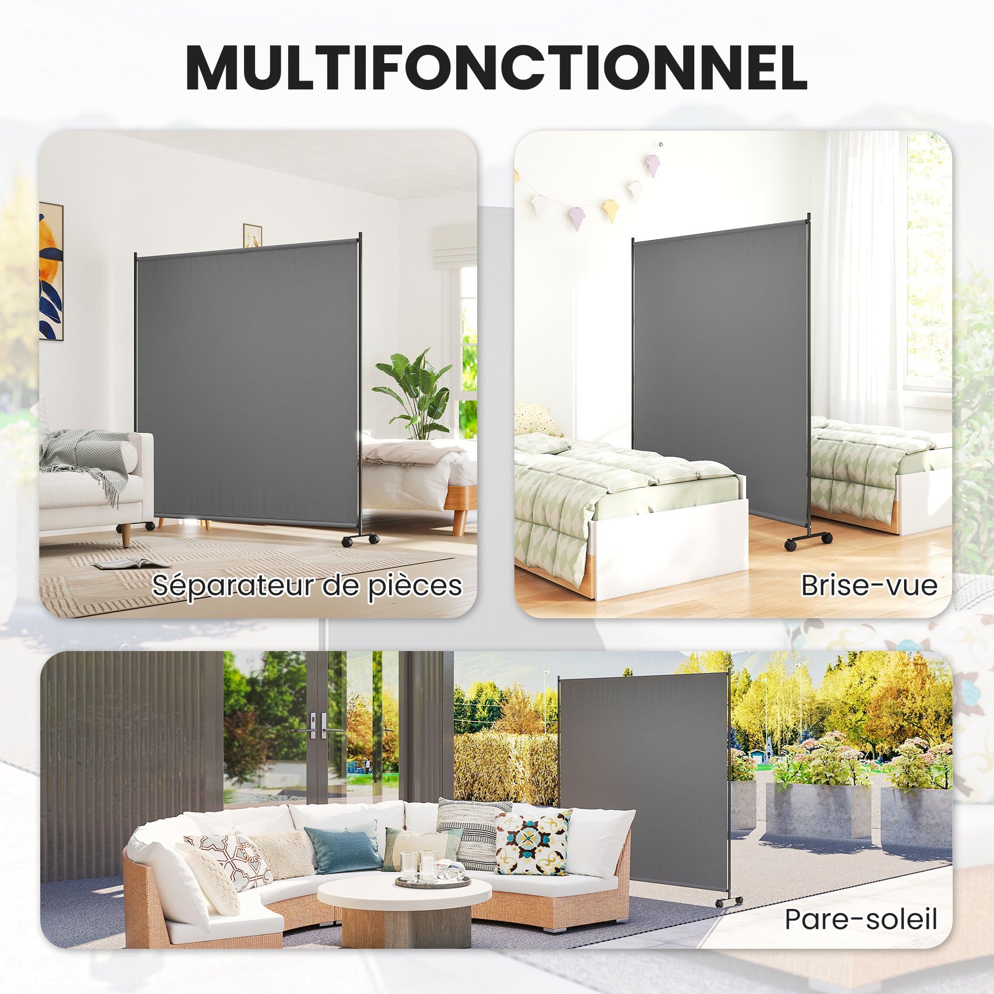 Outsunny Panneau Brise-Vue paravent extérieur sur roulettes, Brise Vue Jardin, Opaque, autoportant, pour Le Jardin, terrasse, Balcon, 183 x 30 x 181 cm, Gris | Paravent Extérieur sur Roulettes, Brise Vue Jardin, Jardin Terrasse Balcon