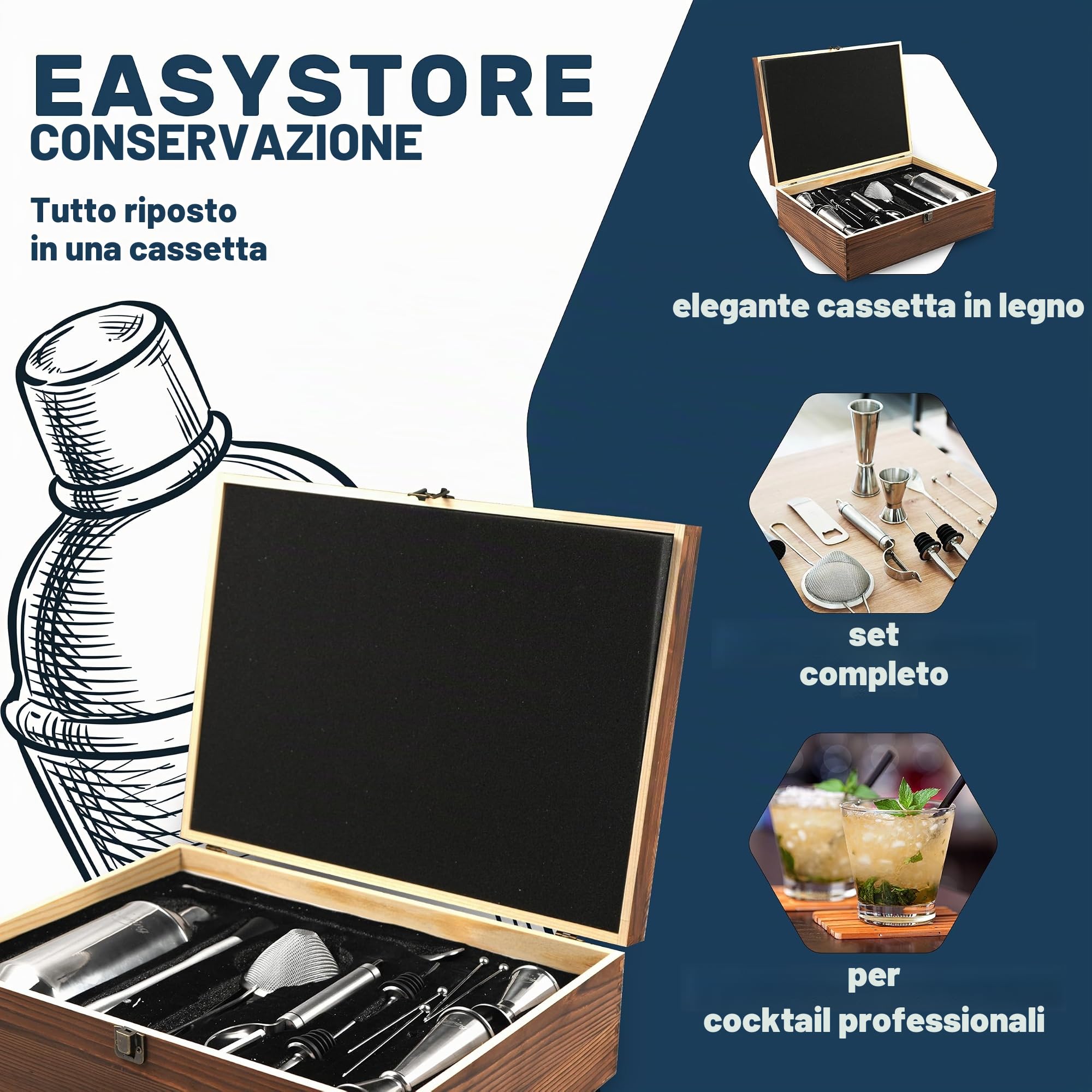 Set di 16 shaker da cocktail in pratica ed elegante scatola di legno, ottima confezione regalo con ricettario per principianti e professionisti, acciaio inossidabile 304 Premium
