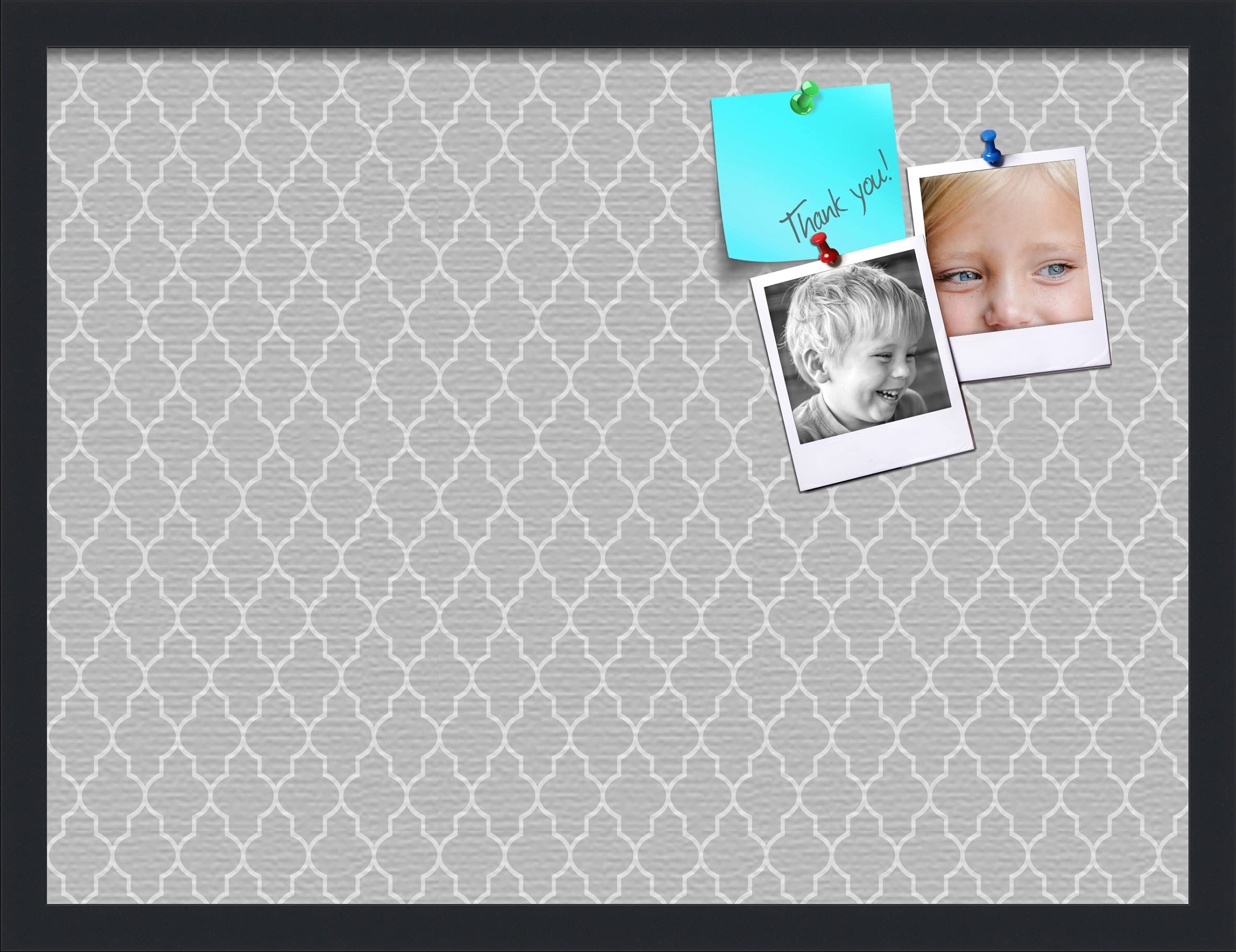 PinPix 24x18 Custom Cork Bulletin Board Quatrefoil Lt Grey Poster Board with a Canvas Style Photo Board, Framed in Satin Black (PinPix-582)
