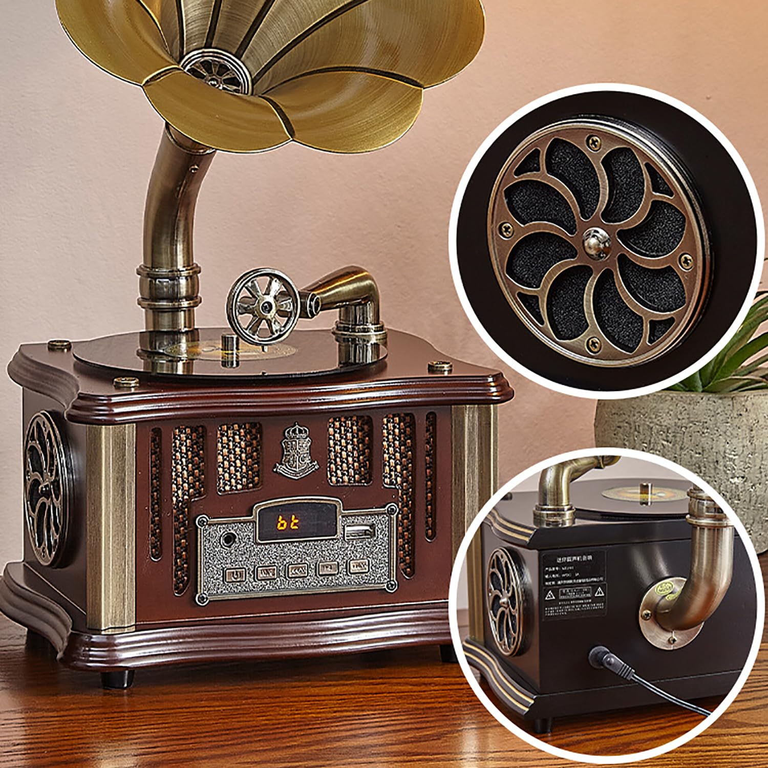 Gramófono Tocadiscos, Tocadiscos De Vinilo, Altavoz Incorporado Entrada Auxiliar De 3,5 Mm/USB/FM, Función Bluetooth, Gran Regalo De Colección para Familiares Y Amigos